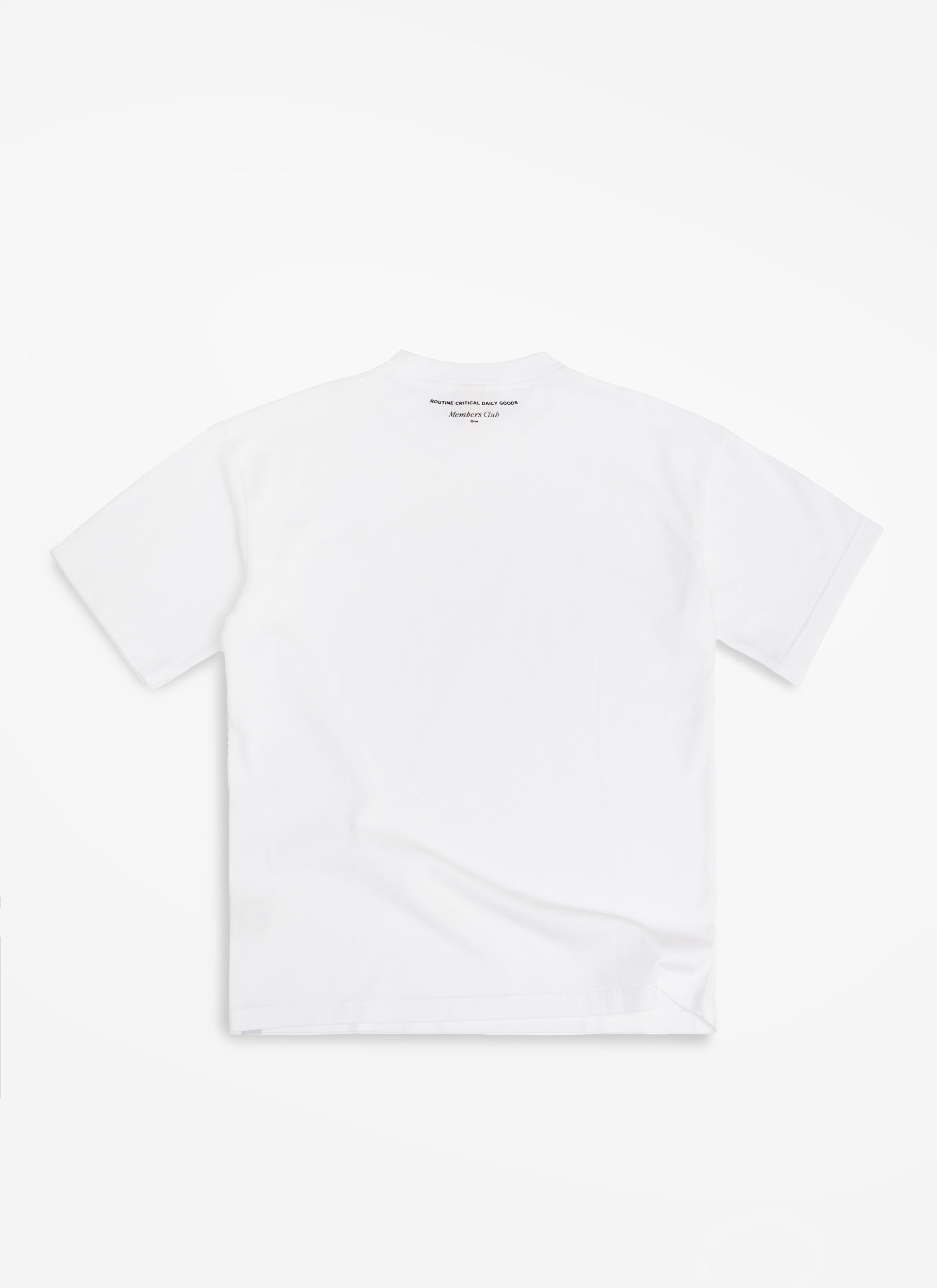 The Percival Loyalty T-shirt in white, laid flat to show the 'Members Club' embroidery on the back.