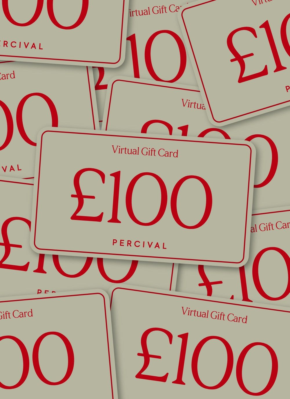 Percival £100 virtual gift card with red text on a light grey background.