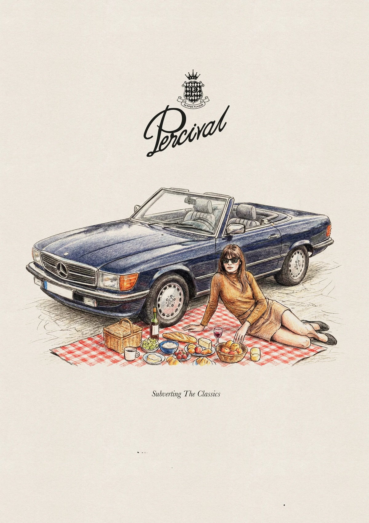 Percival fine art print featuring a navy convertible car and a woman relaxing on a red checkered picnic blanket.