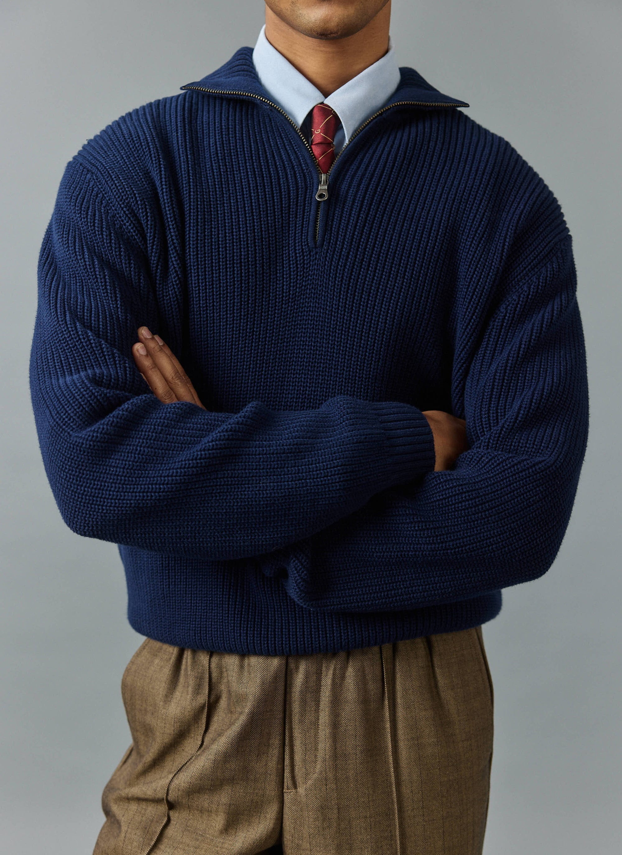 Men's Quarter Zip Knit Jumper | Cotton | Blue | Percival Menswear