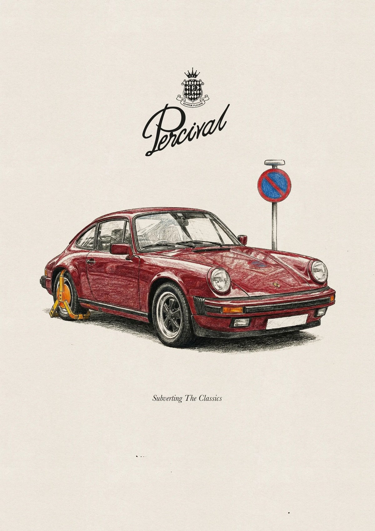 The Percival Clamped Porsche Print, featuring a red car illustration with a yellow wheel clamp and no parking sign.