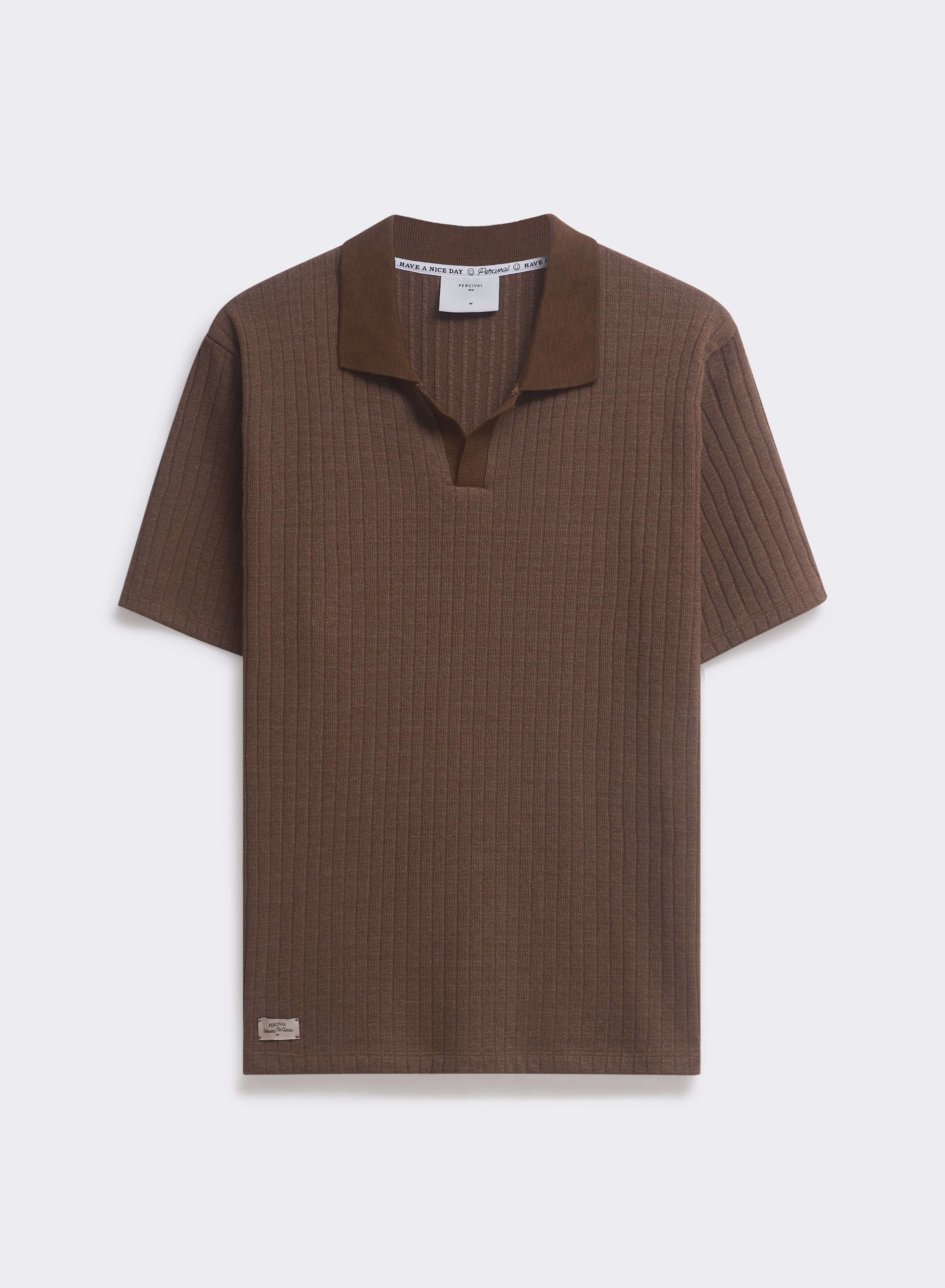 Percival Anthony Ribbed Polo in espresso brown, a cotton-blend knitted shirt with an open collar and short sleeves.