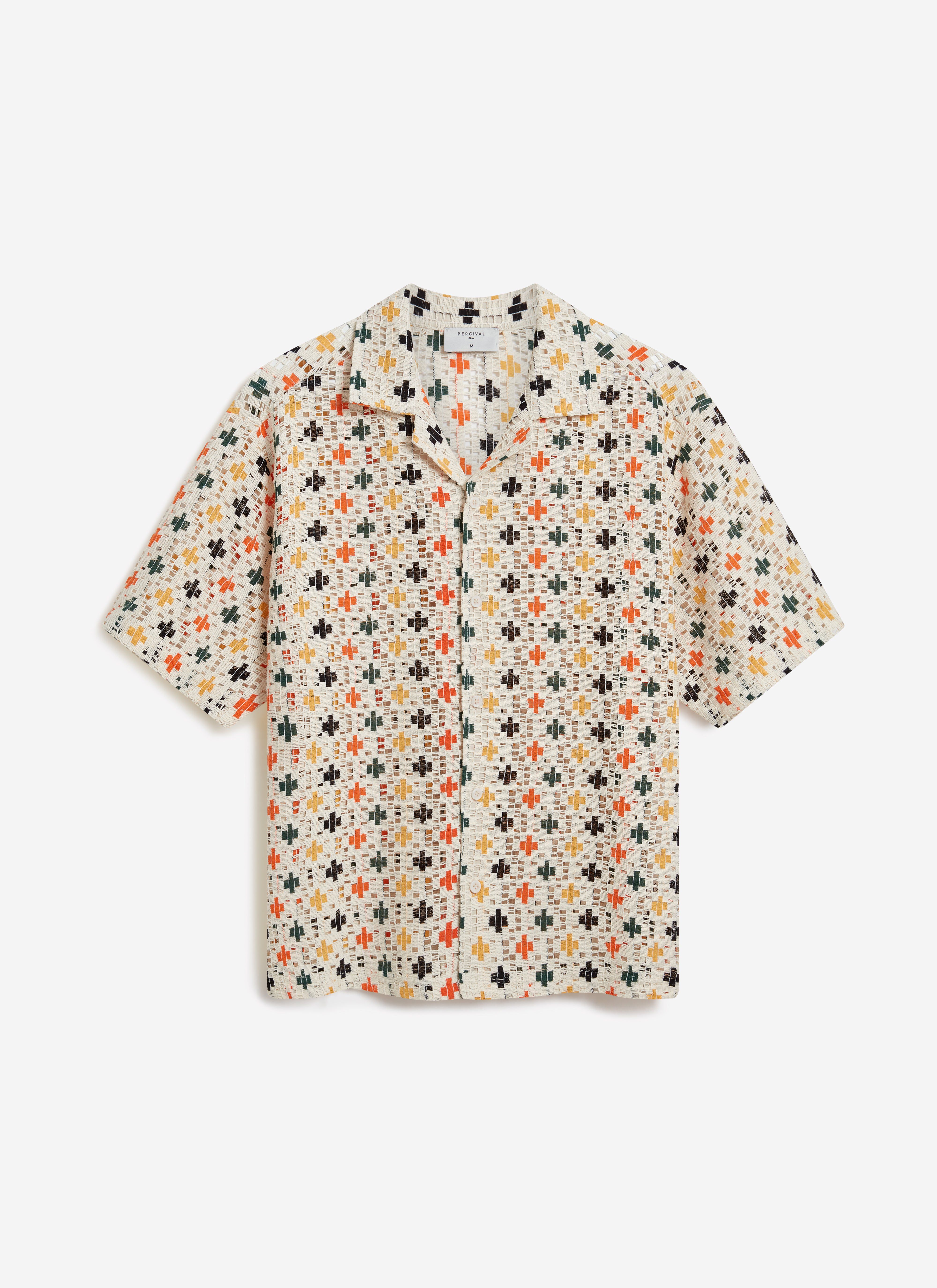 Percival Bailing Crochet Cuban Shirt in ecru, featuring a multi-coloured cross pattern, laid flat against a white background.