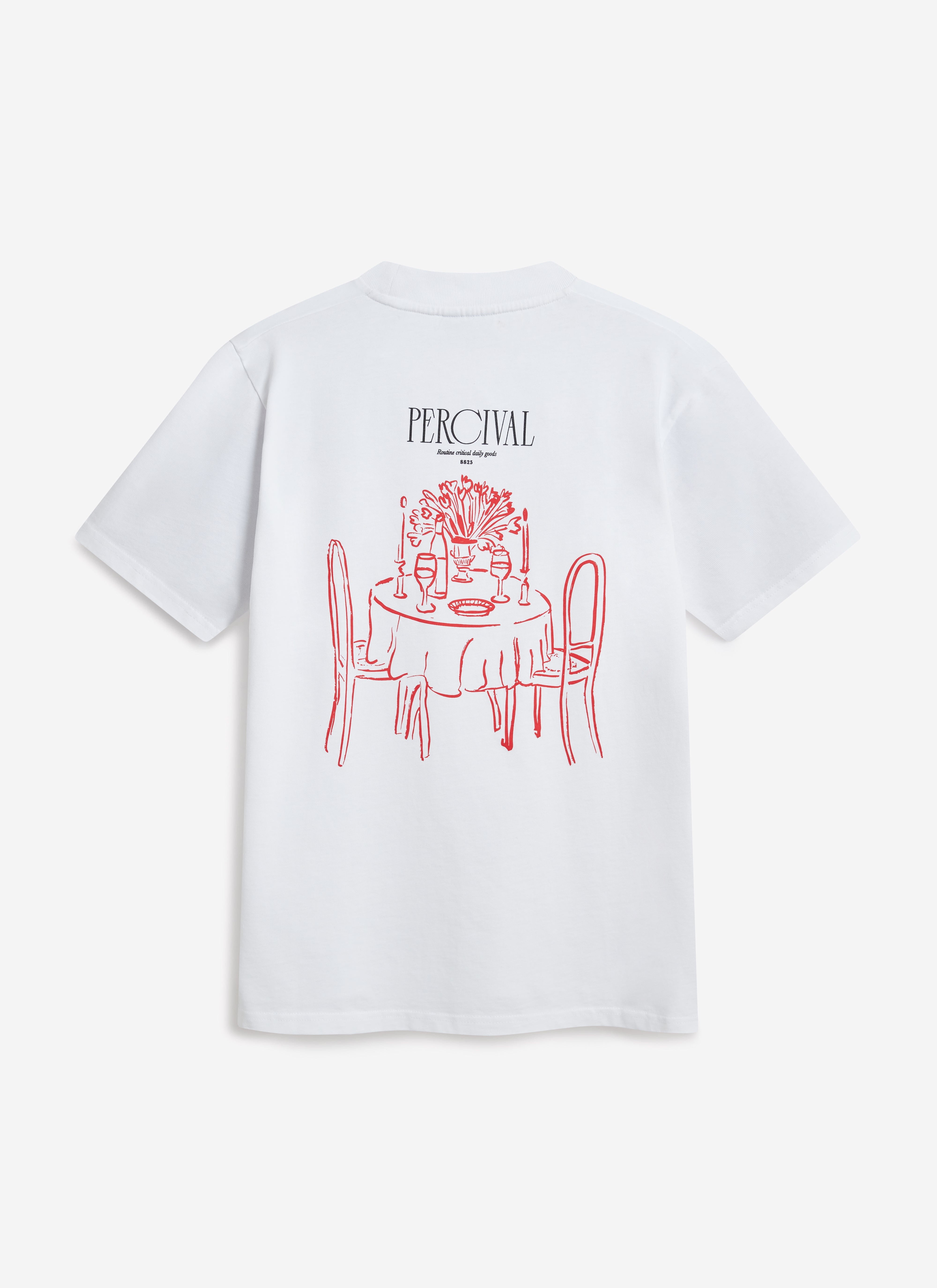 The back of the white organic cotton Bistro T-shirt by Percival, showing the red embroidered bistro table illustration.