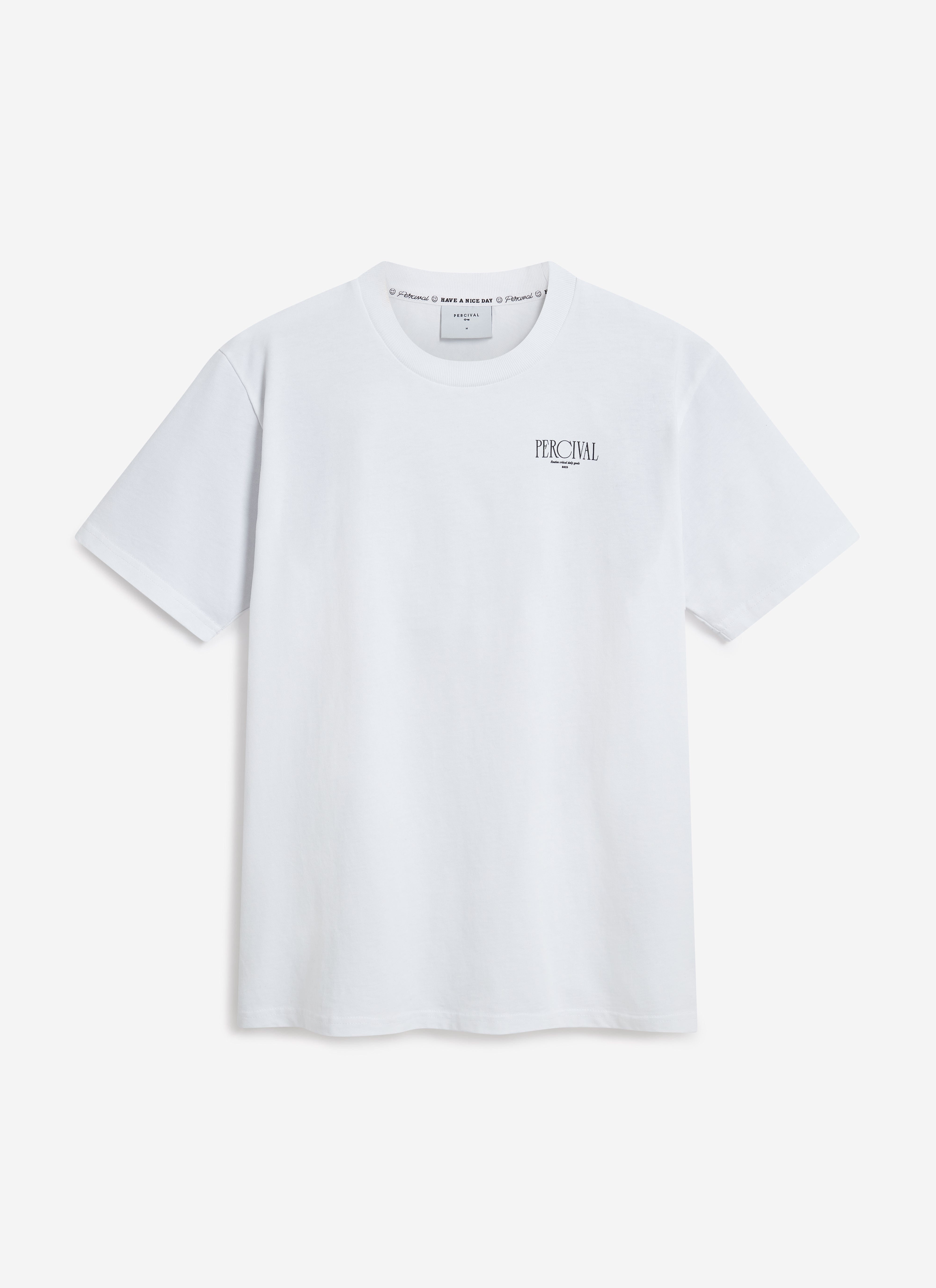 The Percival Bistro T-shirt in white organic cotton, laid flat to display the embroidered logo on the chest.