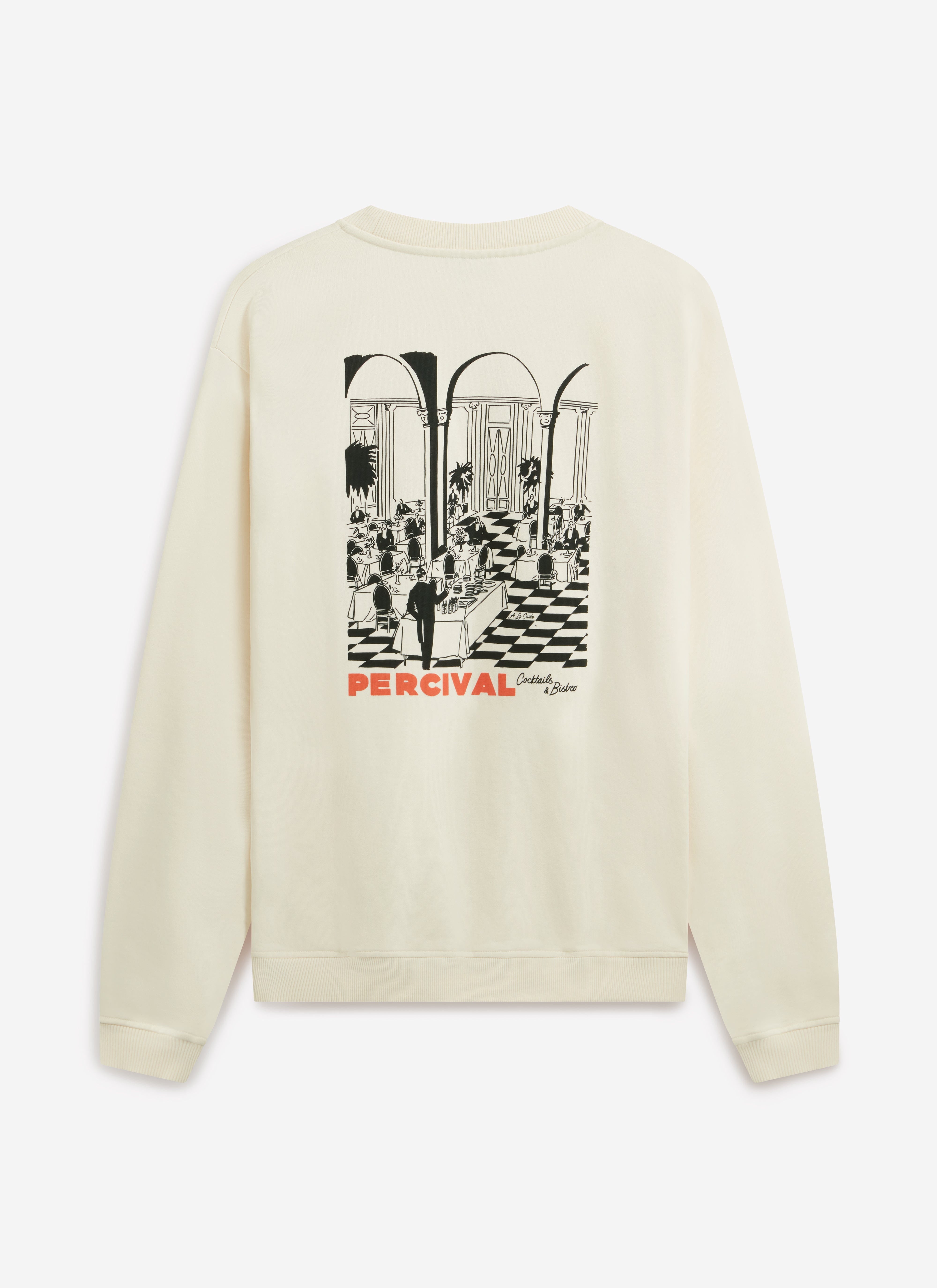 The back of the ecru Percival Bistro sweatshirt, featuring a large, hand-drawn print of a restaurant scene.