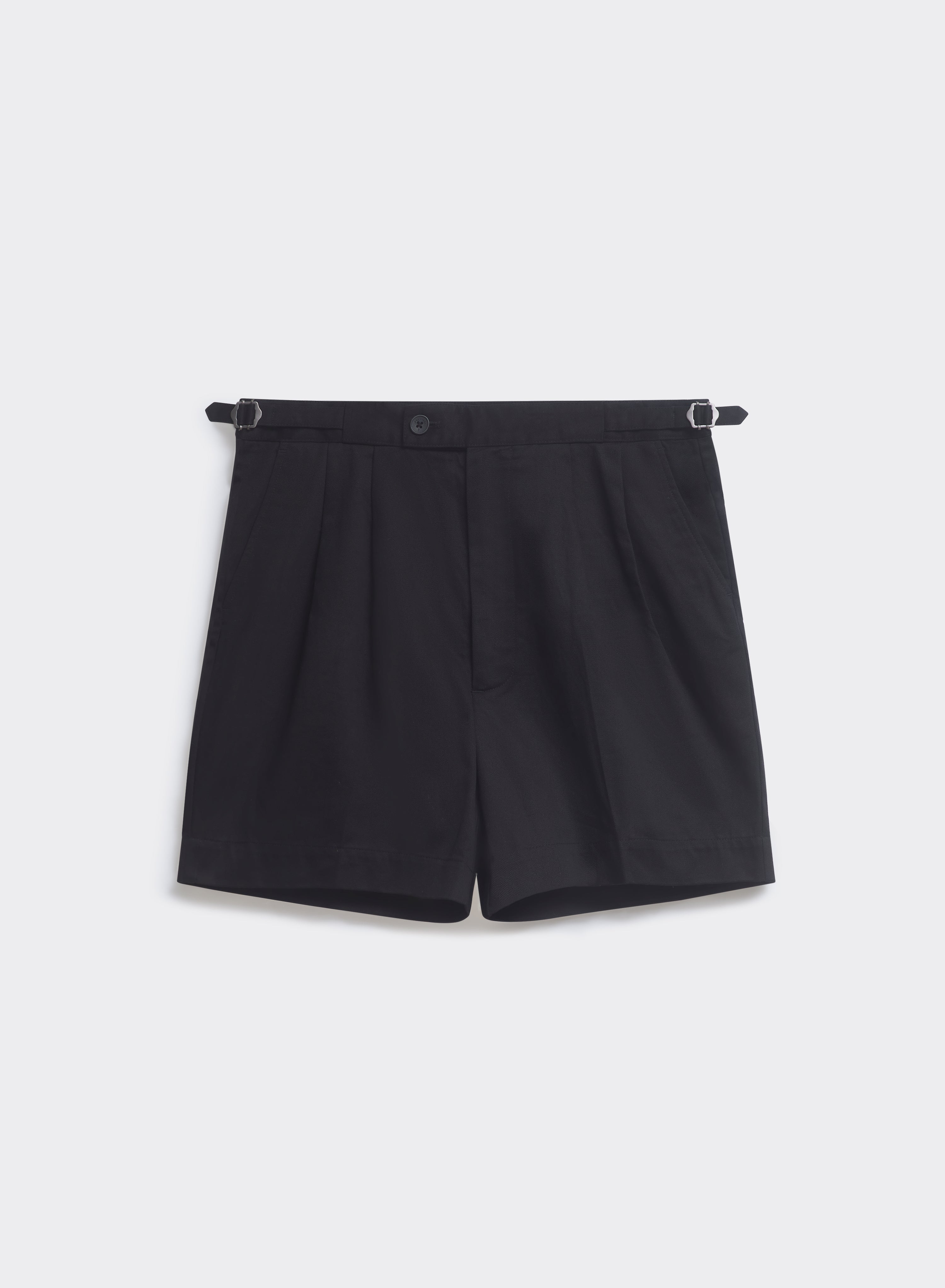 Percival Blake Double Pleated Shorts in black cotton with side adjusters, shown flat against a light background.