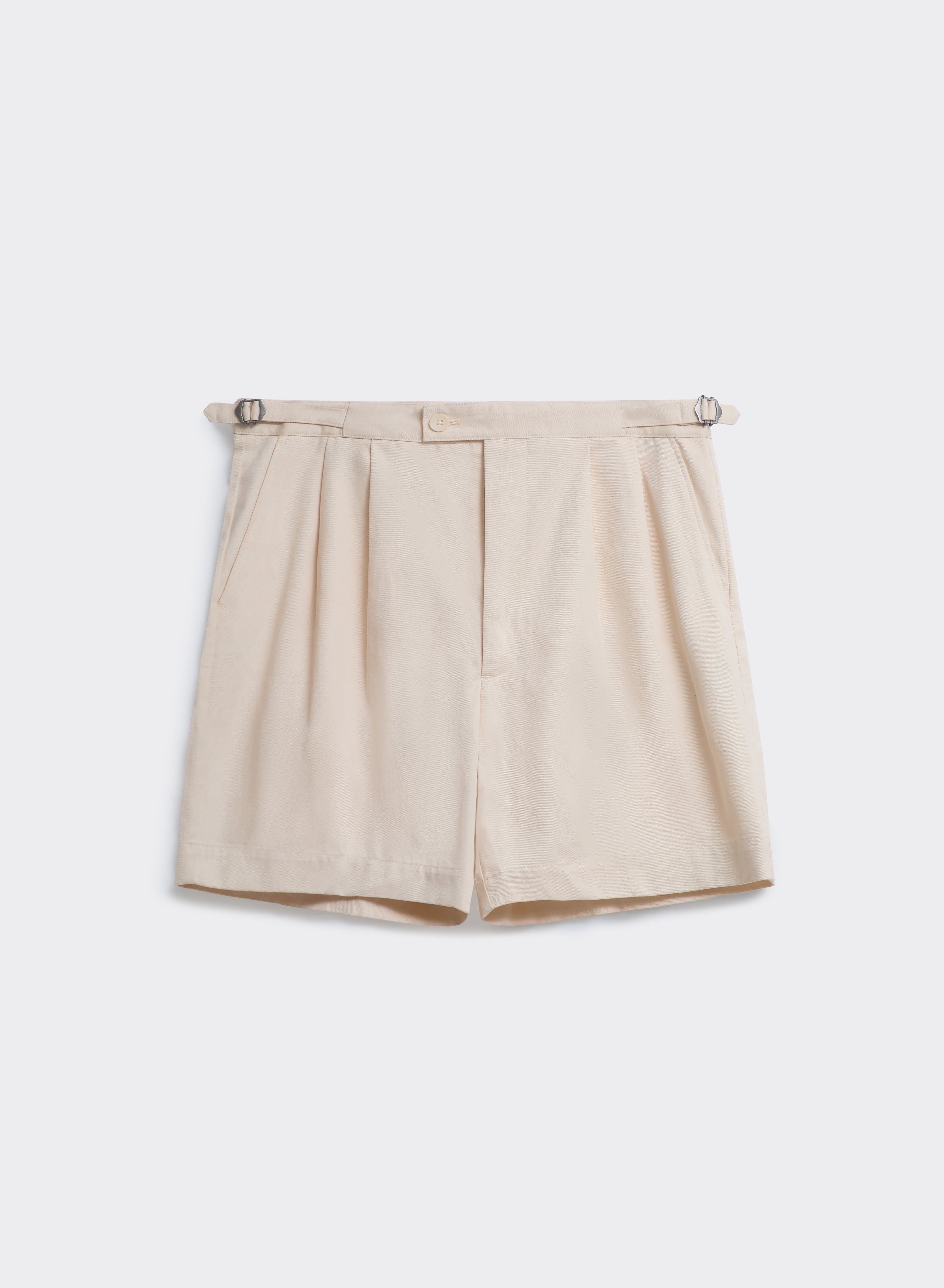 Cream Percival Blake double pleated cotton twill shorts with side adjusters, shown flat on a plain background.