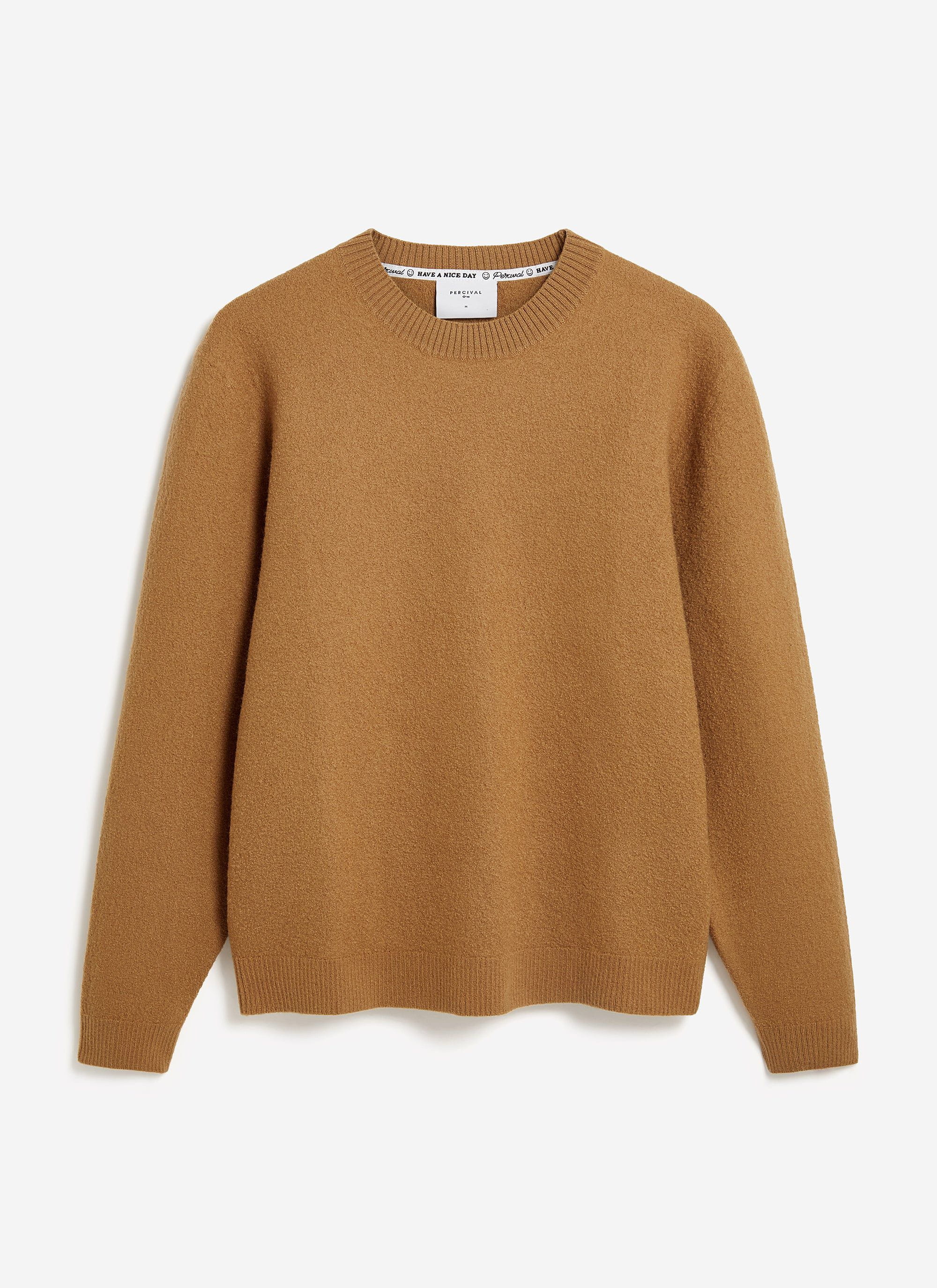 A flat lay photograph of the men's brown Felted Wool Jumper by Percival, showing its soft, textured knit.