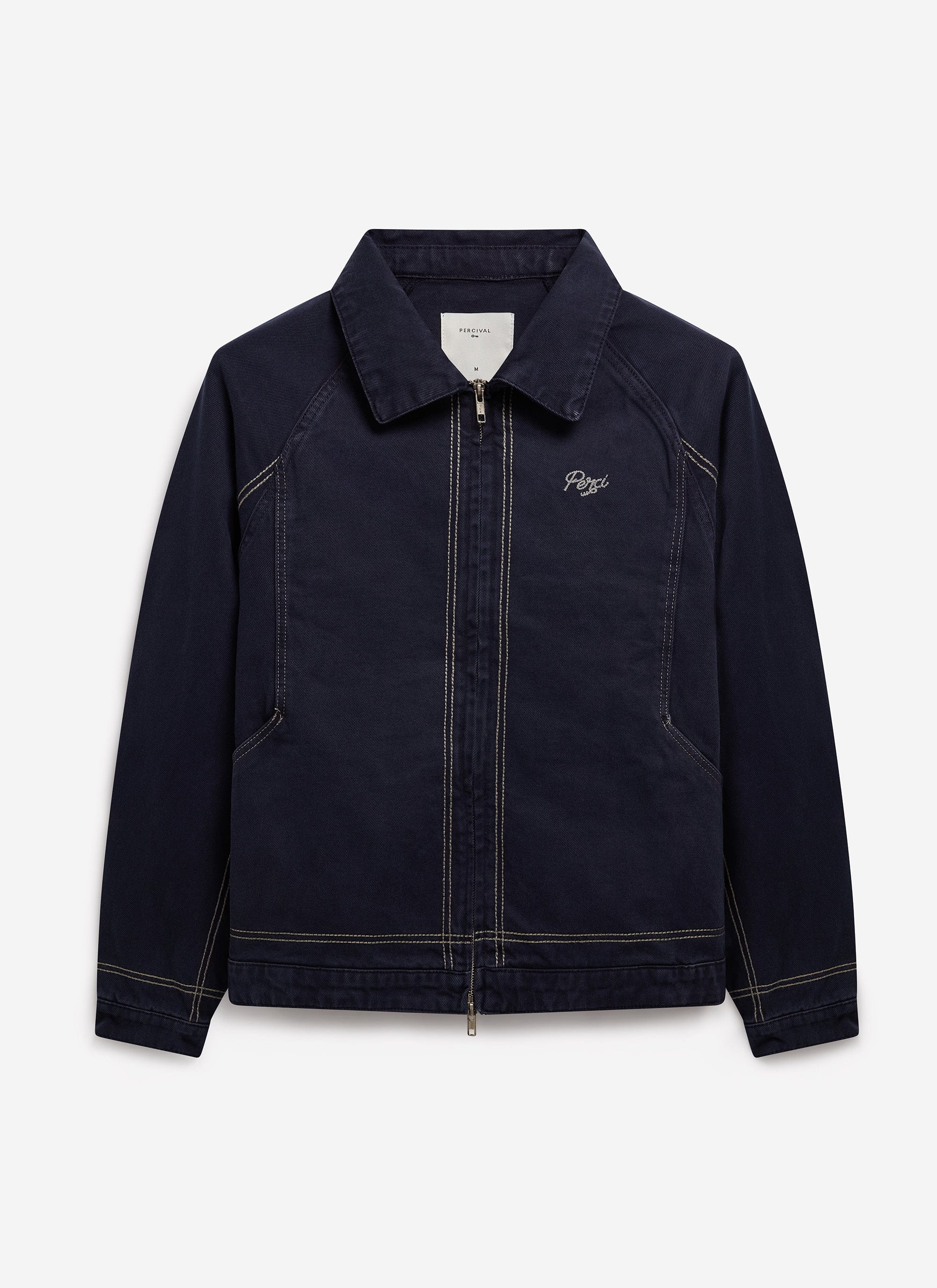 The Percival Calabria Harrington Jacket in navy cotton, laid flat showing the contrast twin-needle stitching and zip front.