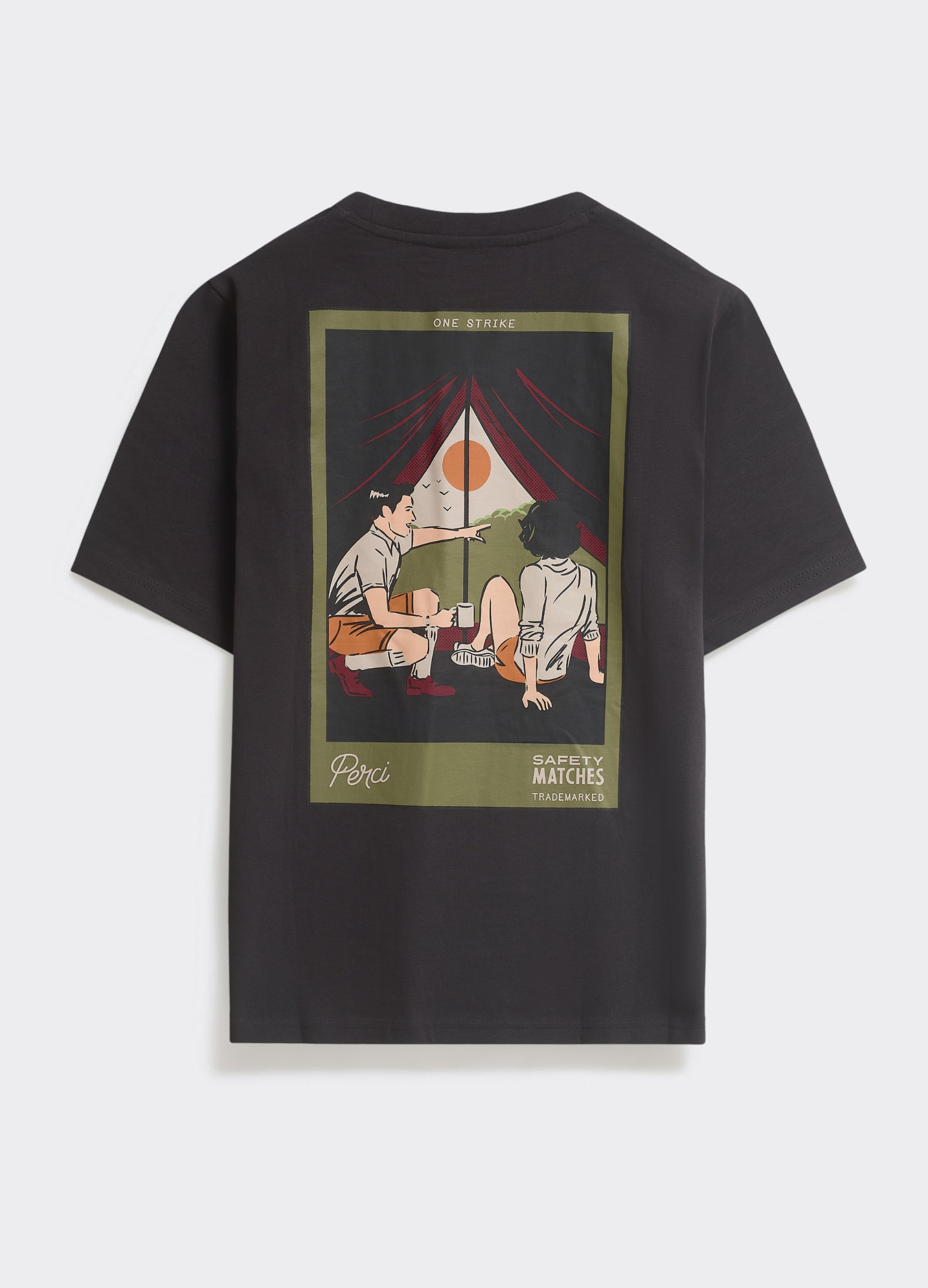 Back of the Percival Camping T Shirt in washed black jersey, featuring a vintage matchbox-style graphic of a sunset tent.