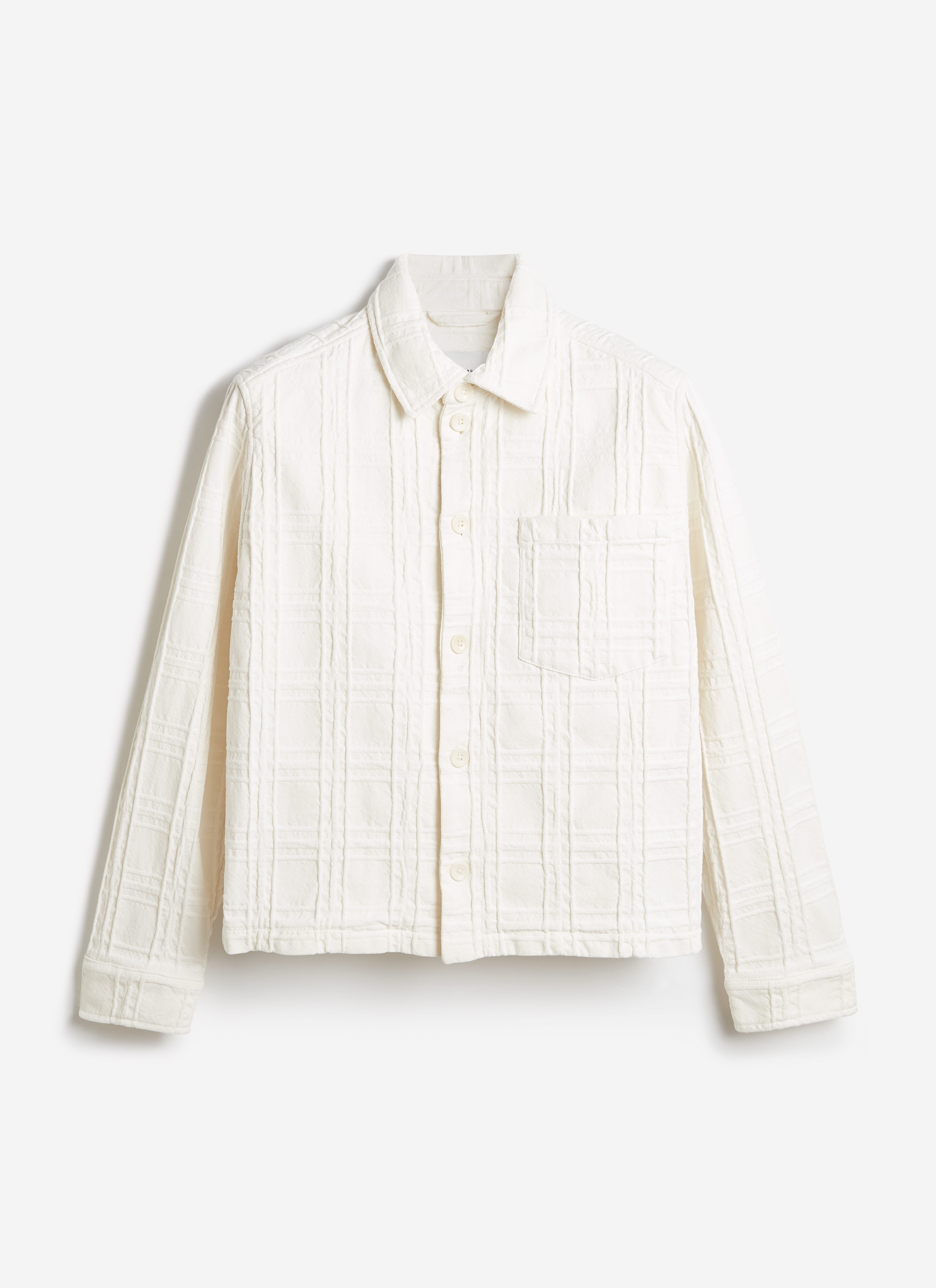 White Percival Canyon Heavyweight Overshirt in textured check cotton, with a button front and single chest pocket.