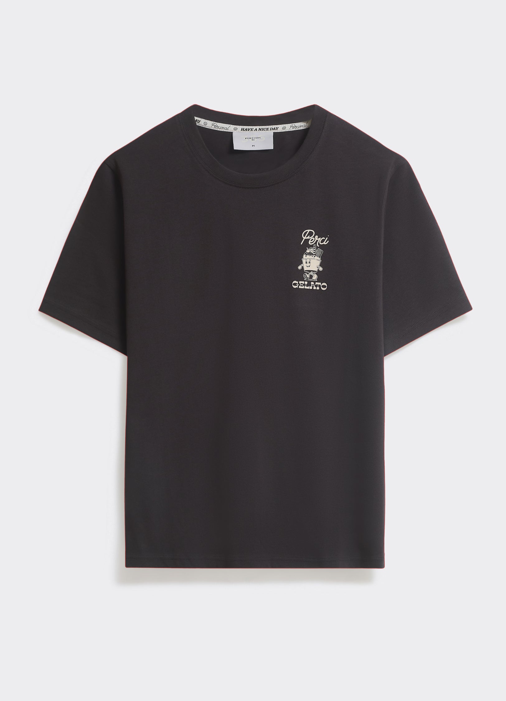 The Percival Ice Cream T-Shirt in washed black jersey, featuring a vintage gelato chest graphic and a classic crew neck.