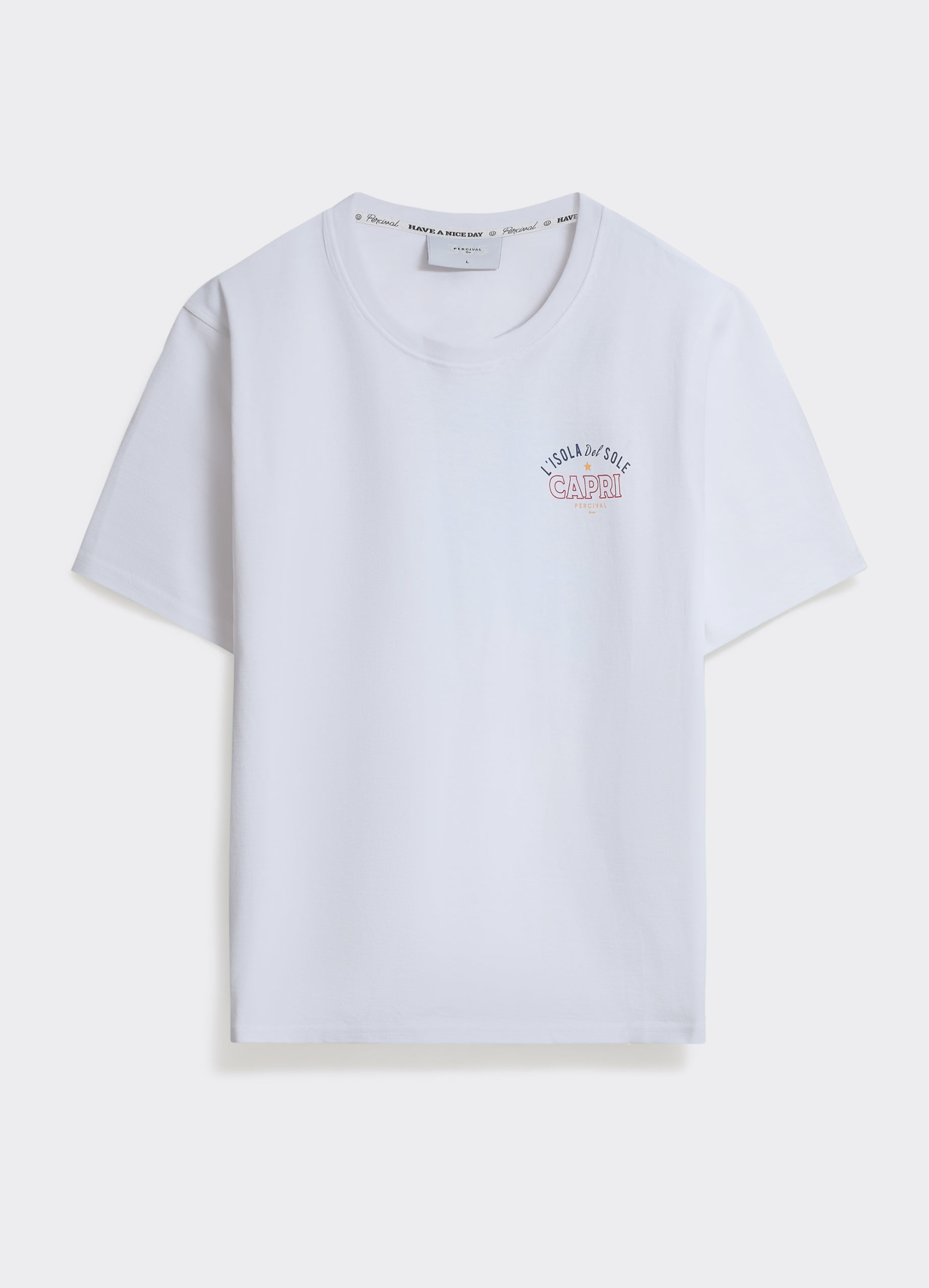 The Percival Capri T Shirt in optic white, featuring a small chest graphic and 100% cotton fabric, shown flat.