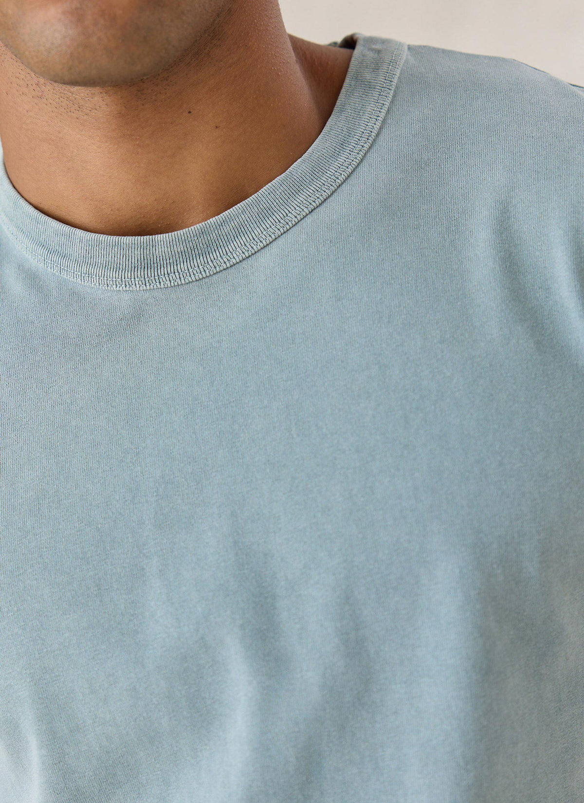 Close-up of the Percival Casey light blue vintage wash cropped T-shirt, showing the crew neck.