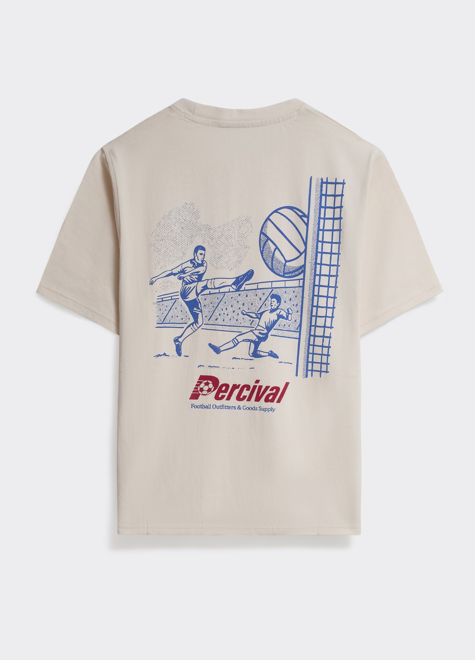 Retro football artwork on the back of the cream cotton Percival Champs T-shirt, featuring blue and red graphics.