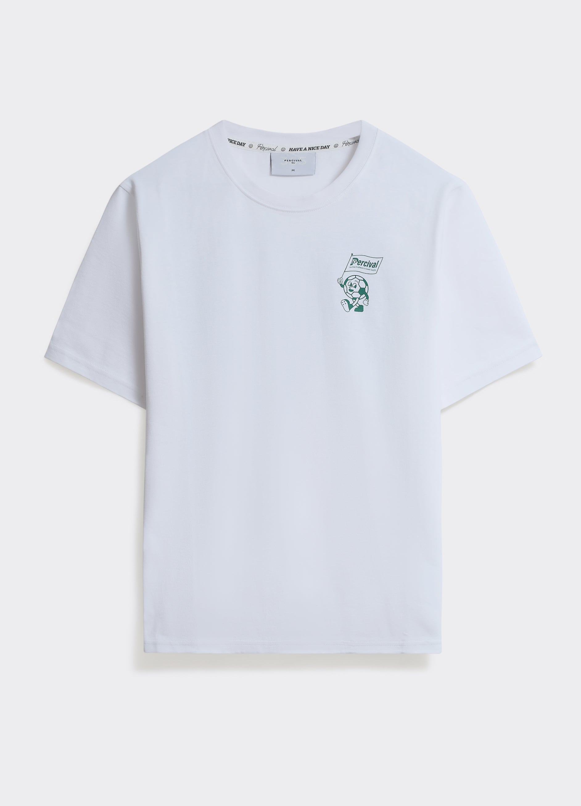 The Percival Champs T-shirt in optic white cotton jersey, featuring a green mascot chest print, shown flat.