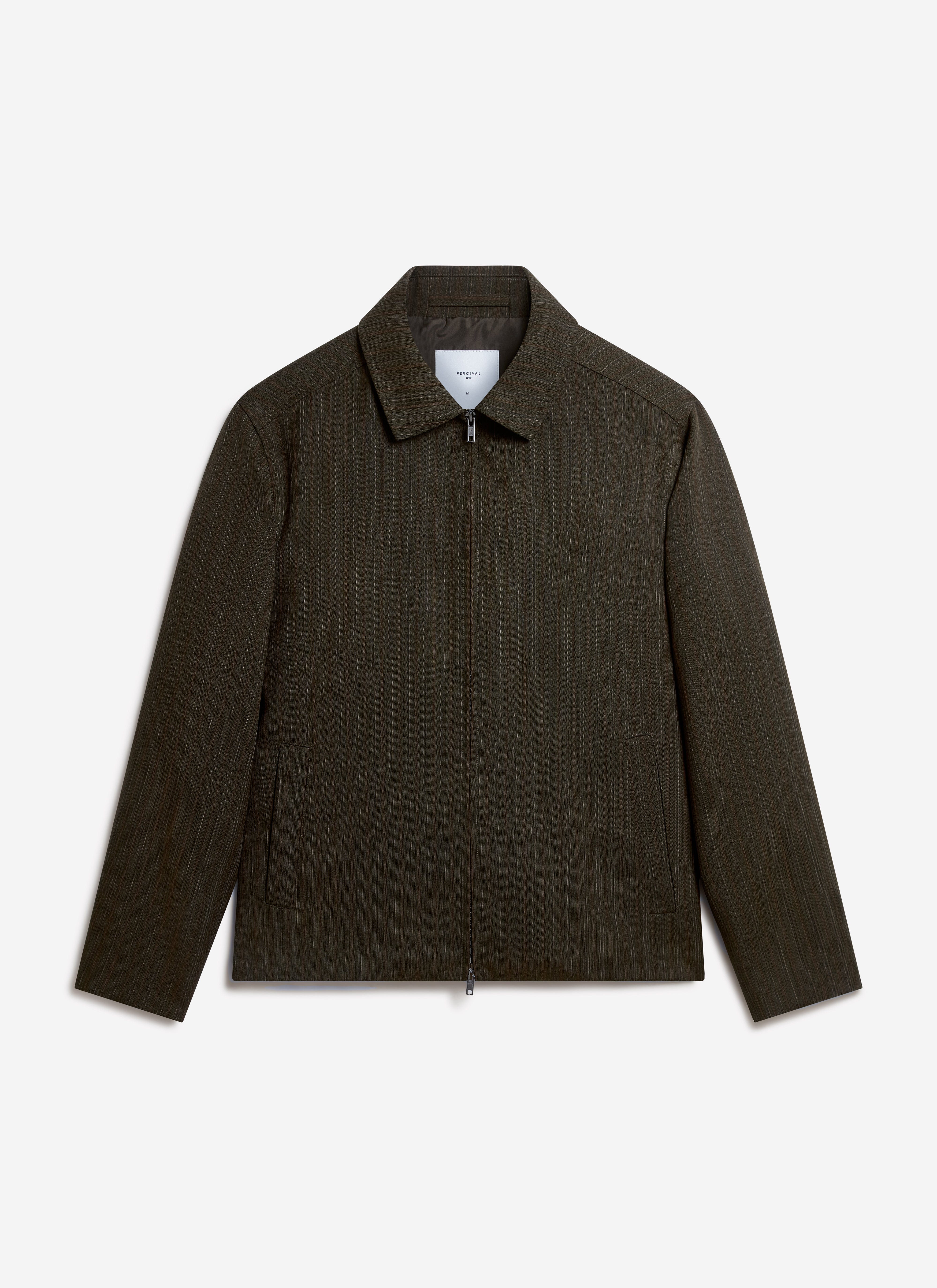 The Percival Chapter Zip Up Jacket in forest green with a subtle pinstripe design, shot flat against a white background.