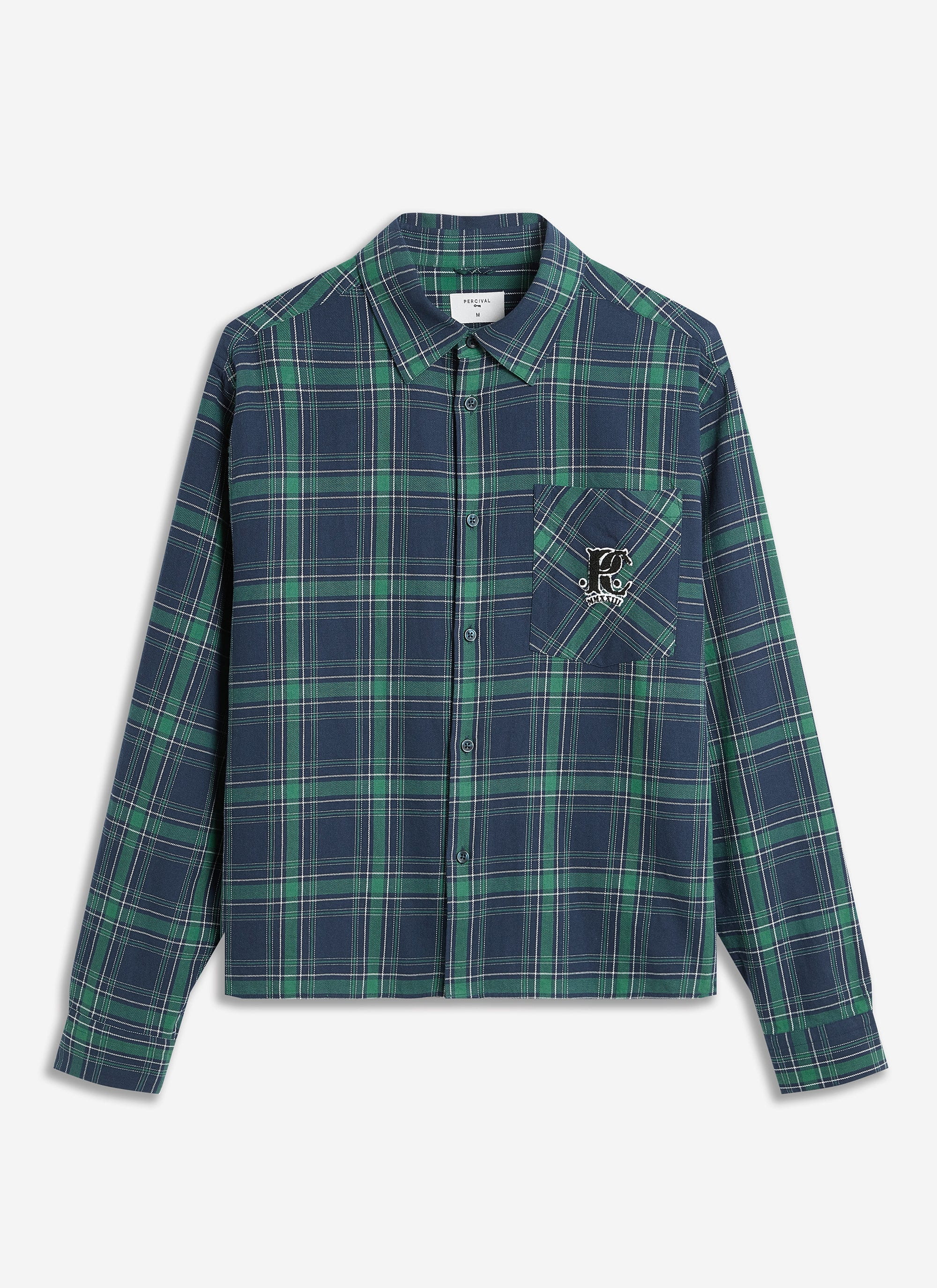 A flat lay of the Percival x Champion Check Boxy Shirt in a blue and green tartan, showing the chenille chest patch.