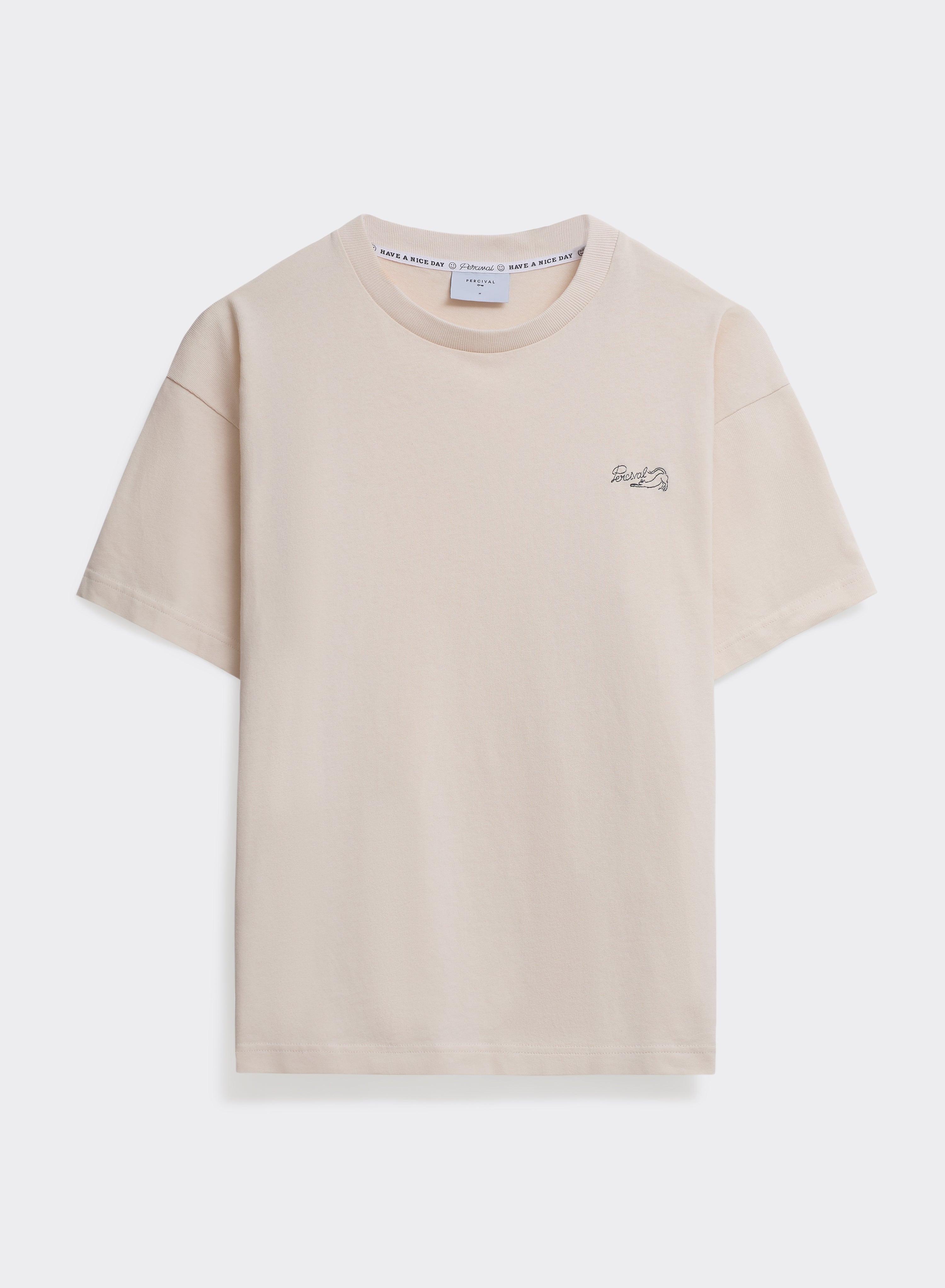 The Percival Clarke oversized t-shirt in cream organic cotton with cat embroidery, shown flat on a neutral background.