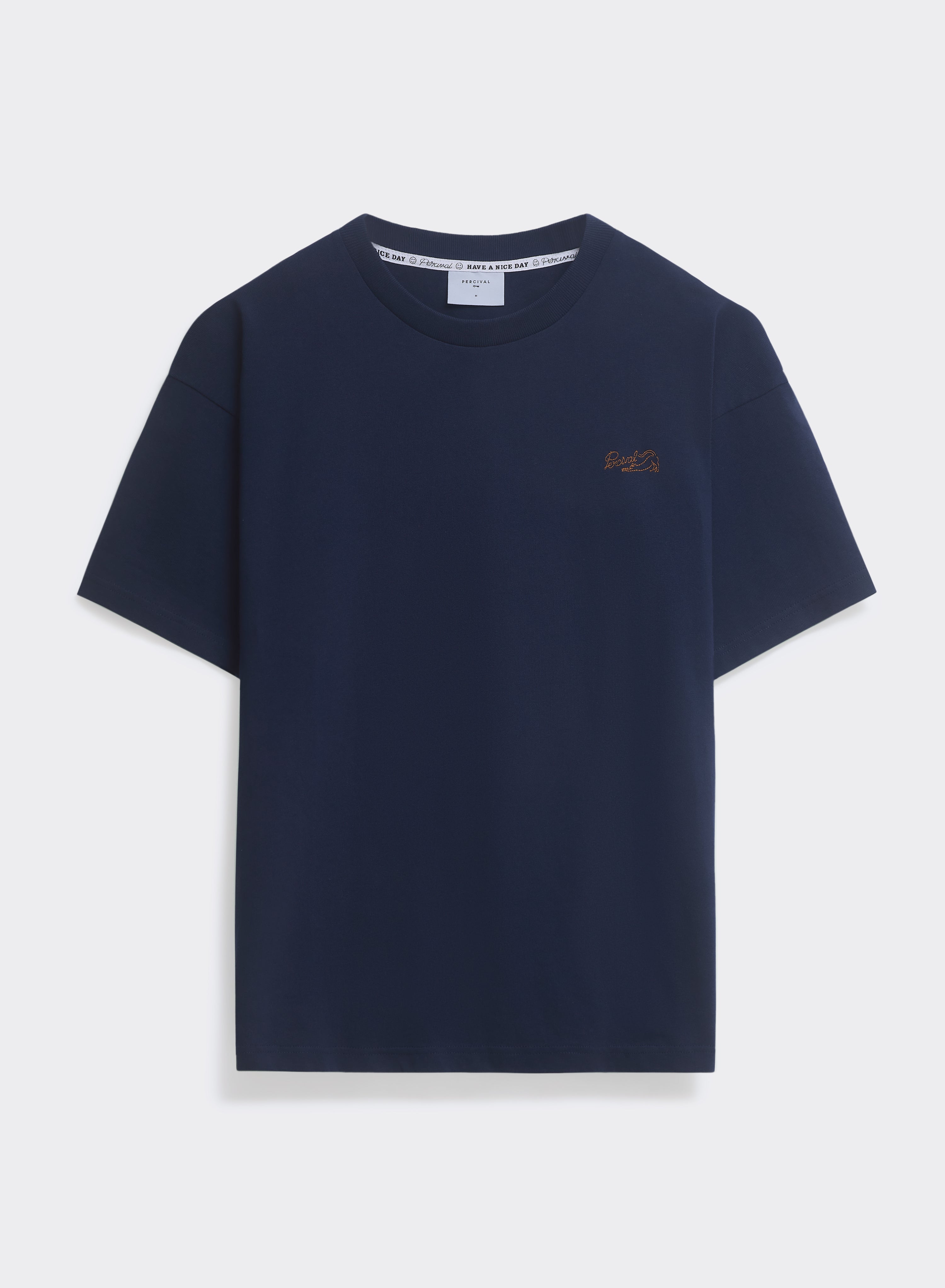 Percival Clarke oversized navy organic cotton t-shirt, featuring a subtle cat embroidery on the chest.