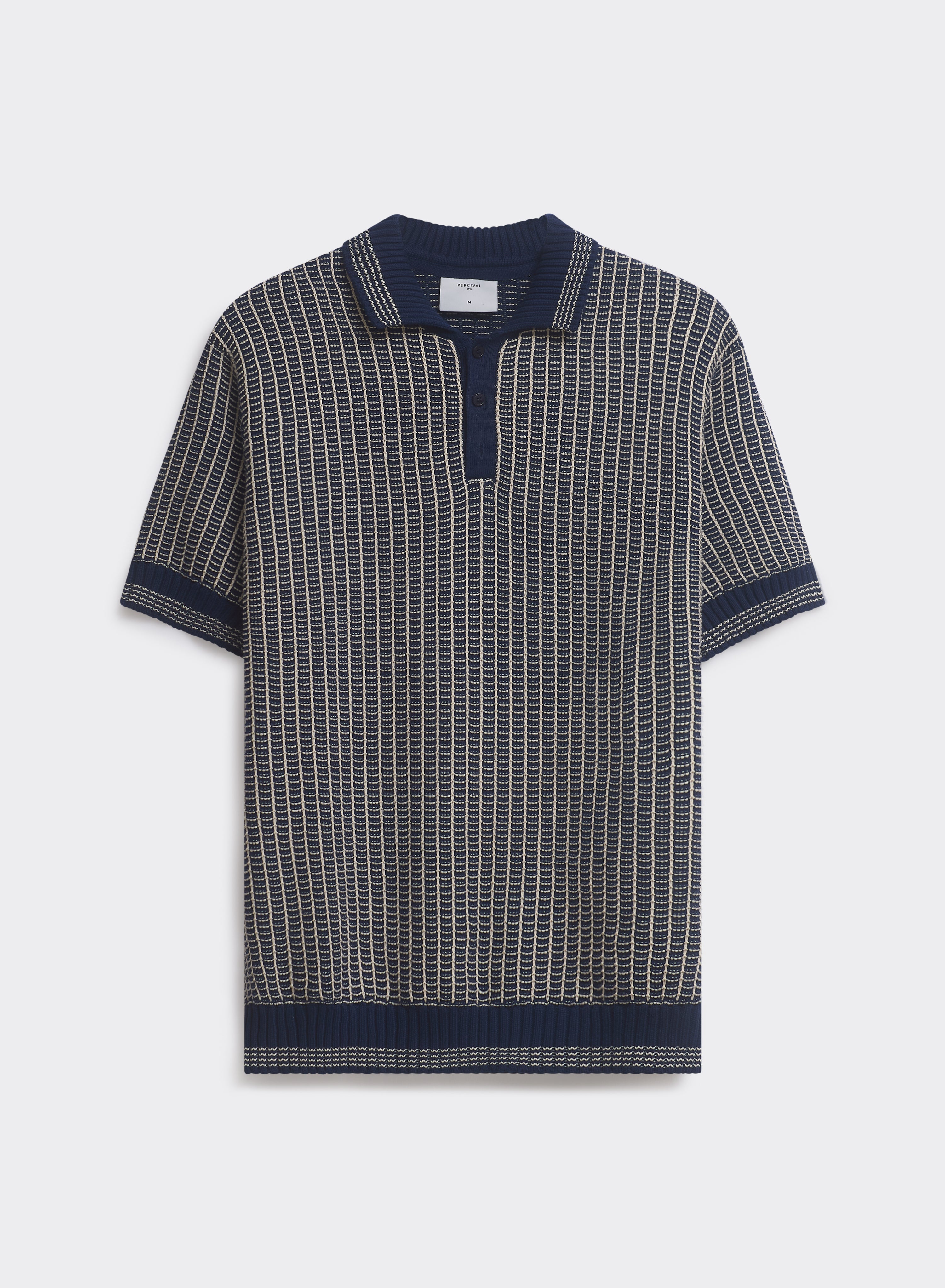 Percival Claude Knitted Polo in navy cotton, a two-tone textured knit with vertical stripes and a three-button placket.