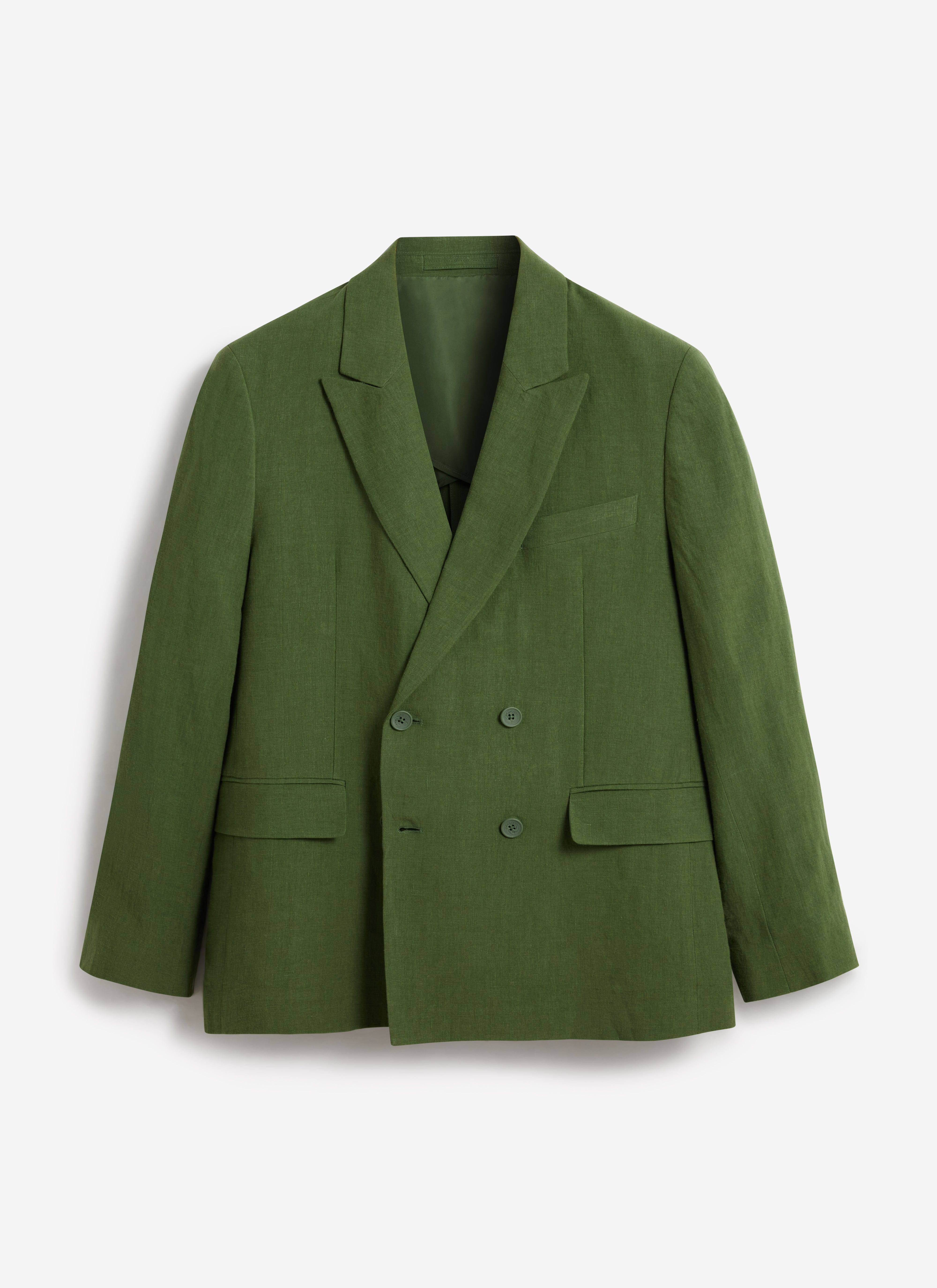 A flat lay of the forest green linen Clifton Double Breasted Blazer by Percival against a white background.