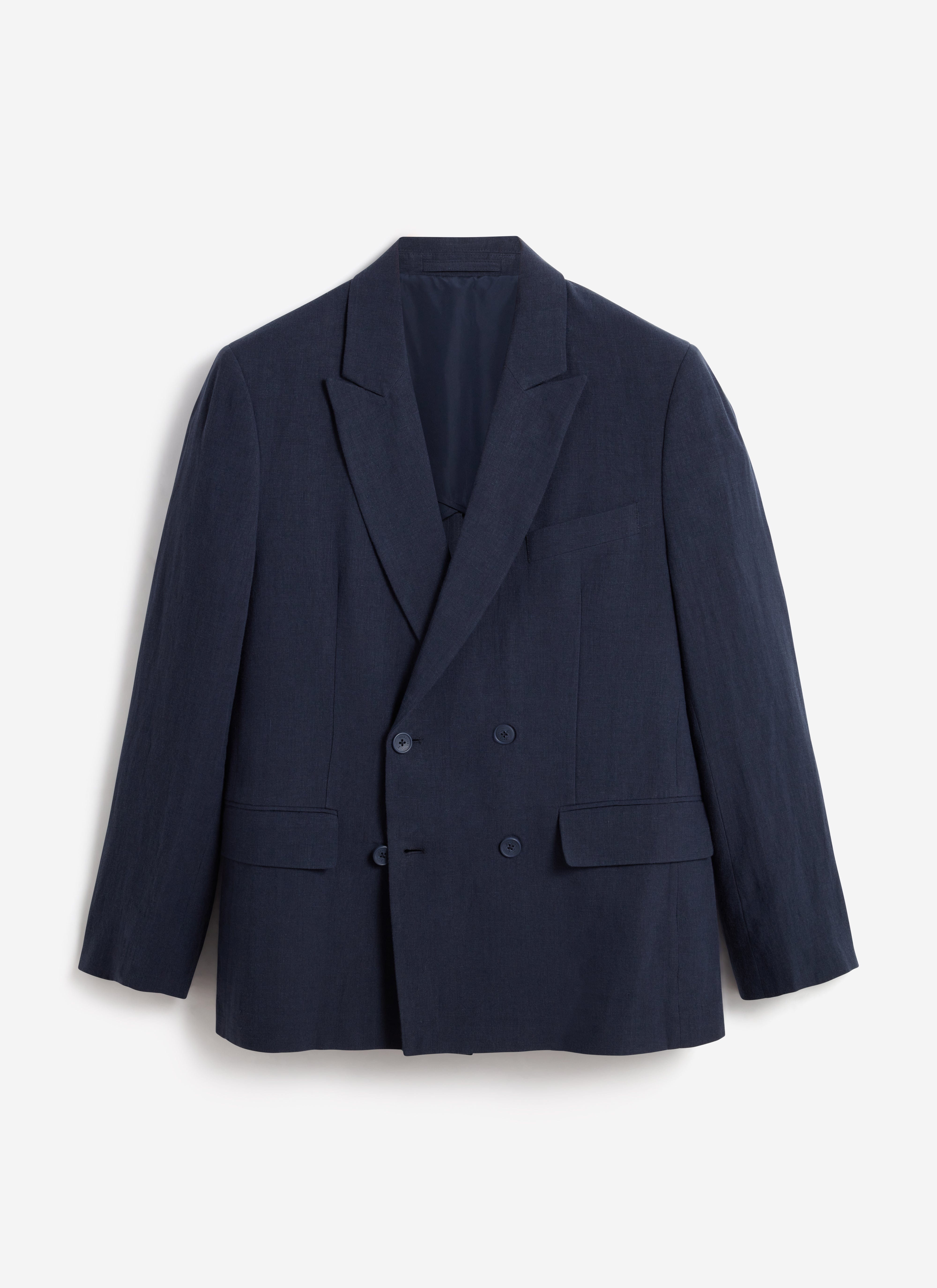 A flat lay of the Percival Clifton Double Breasted Blazer in navy linen, showing the full jacket against a white background.