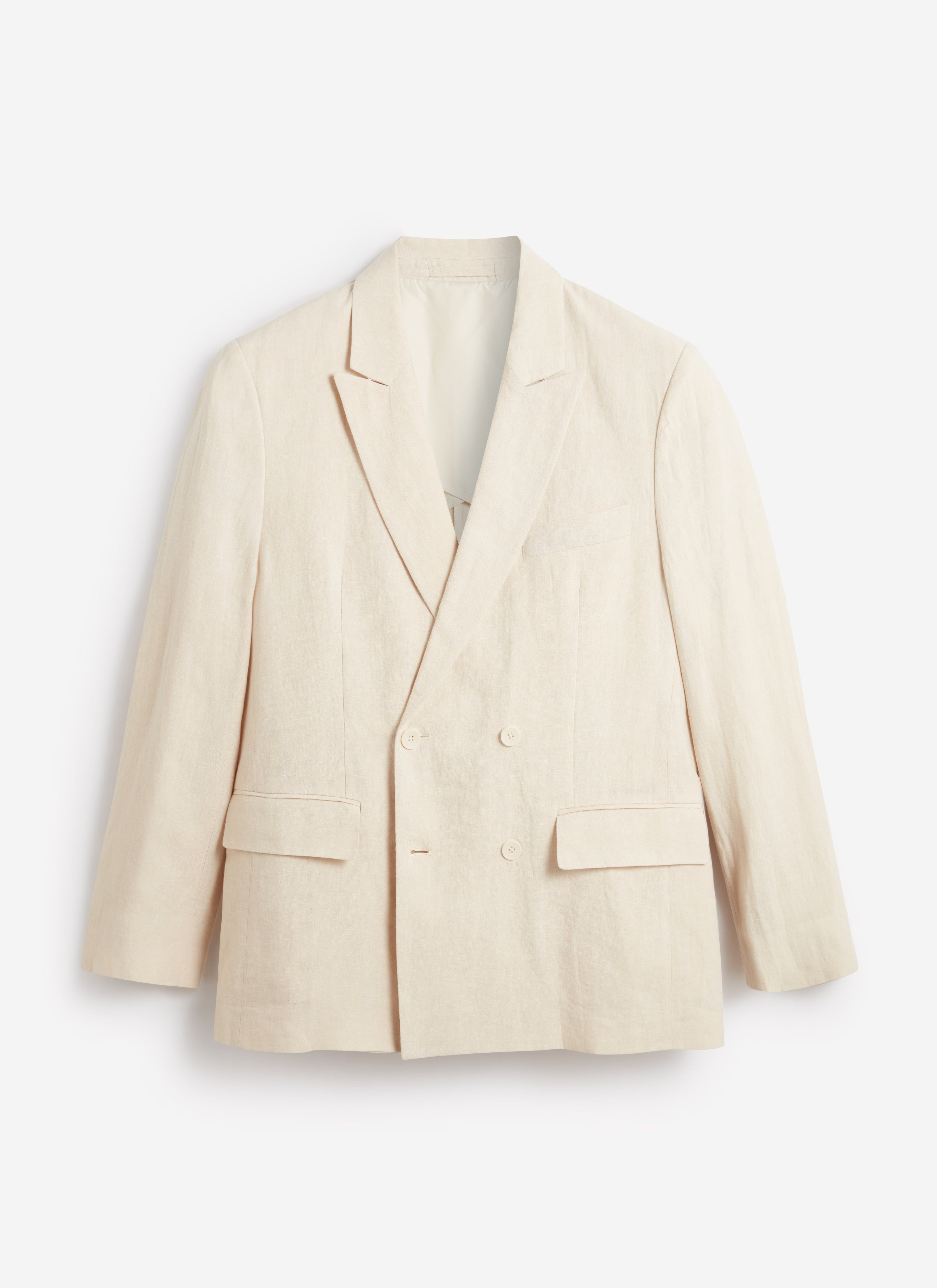 A flat lay of the Percival Clifton Double Breasted Blazer in cream linen, shot against a clean white background.