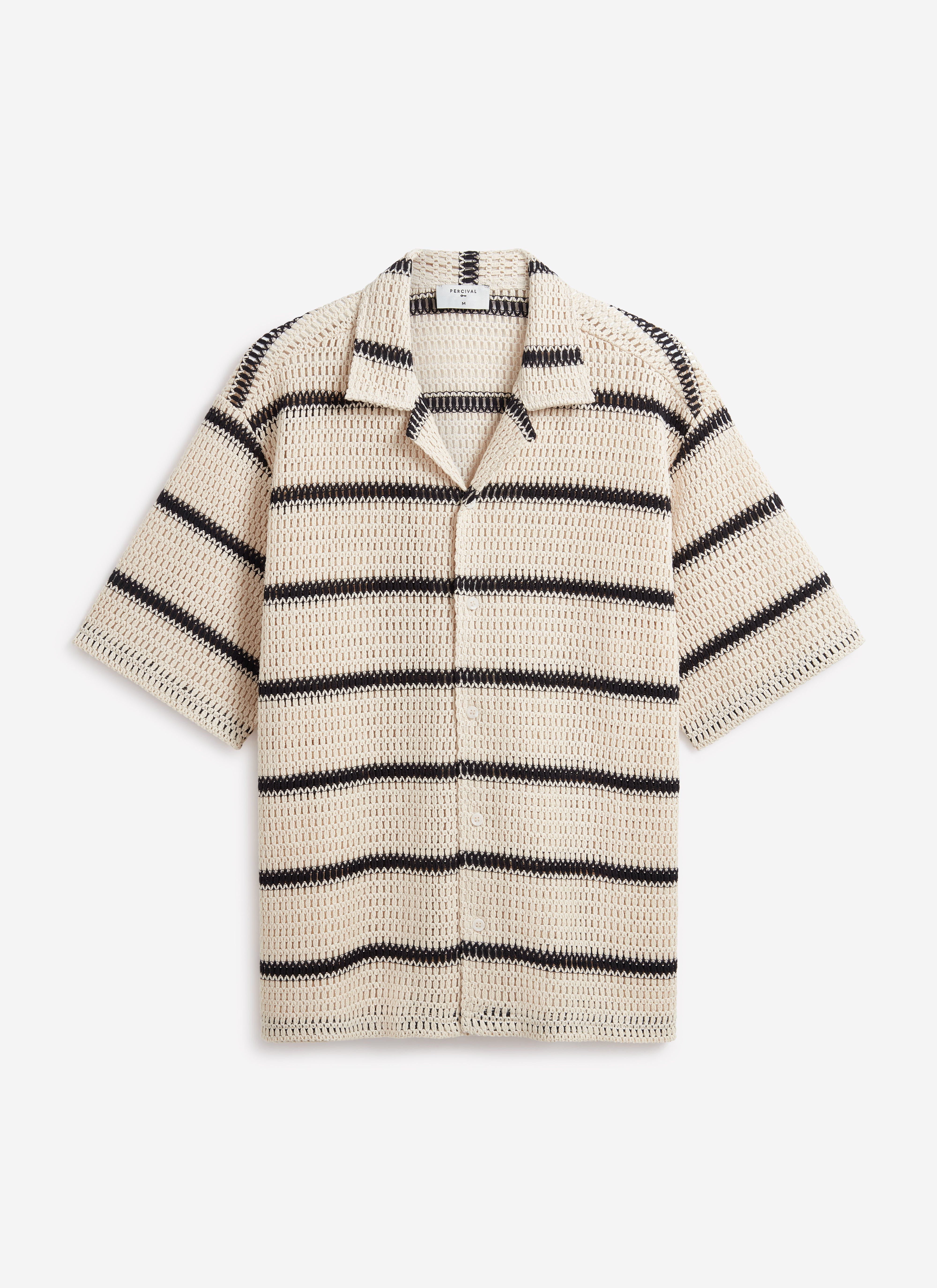 The Percival Crochet Groundsman Cuban Shirt in ecru and black, laid flat to showcase the detailed striped crochet pattern.