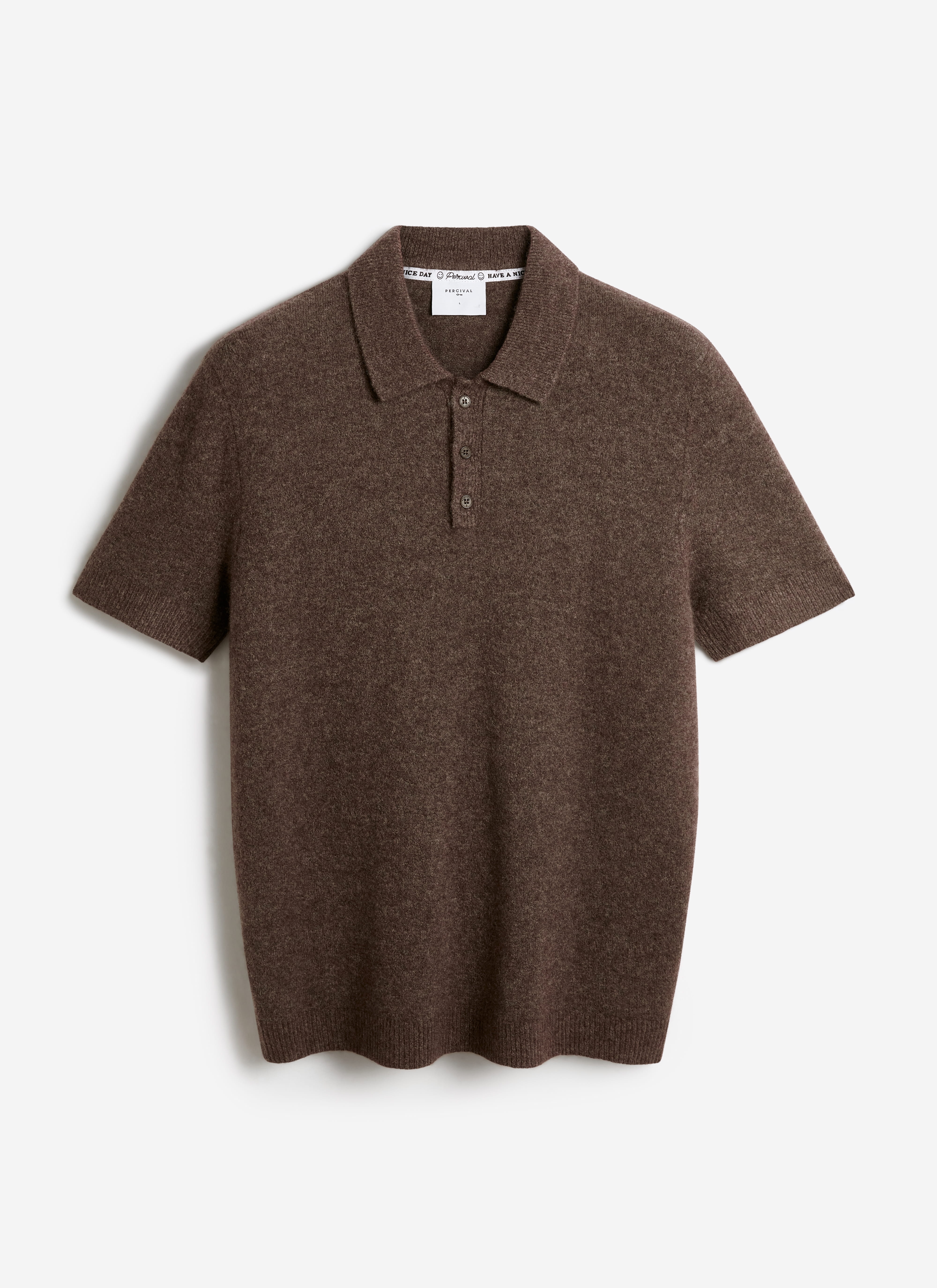 Espresso brown Percival Collins boxy knitted polo in a yak and wool blend, featuring a classic collar and short sleeves.