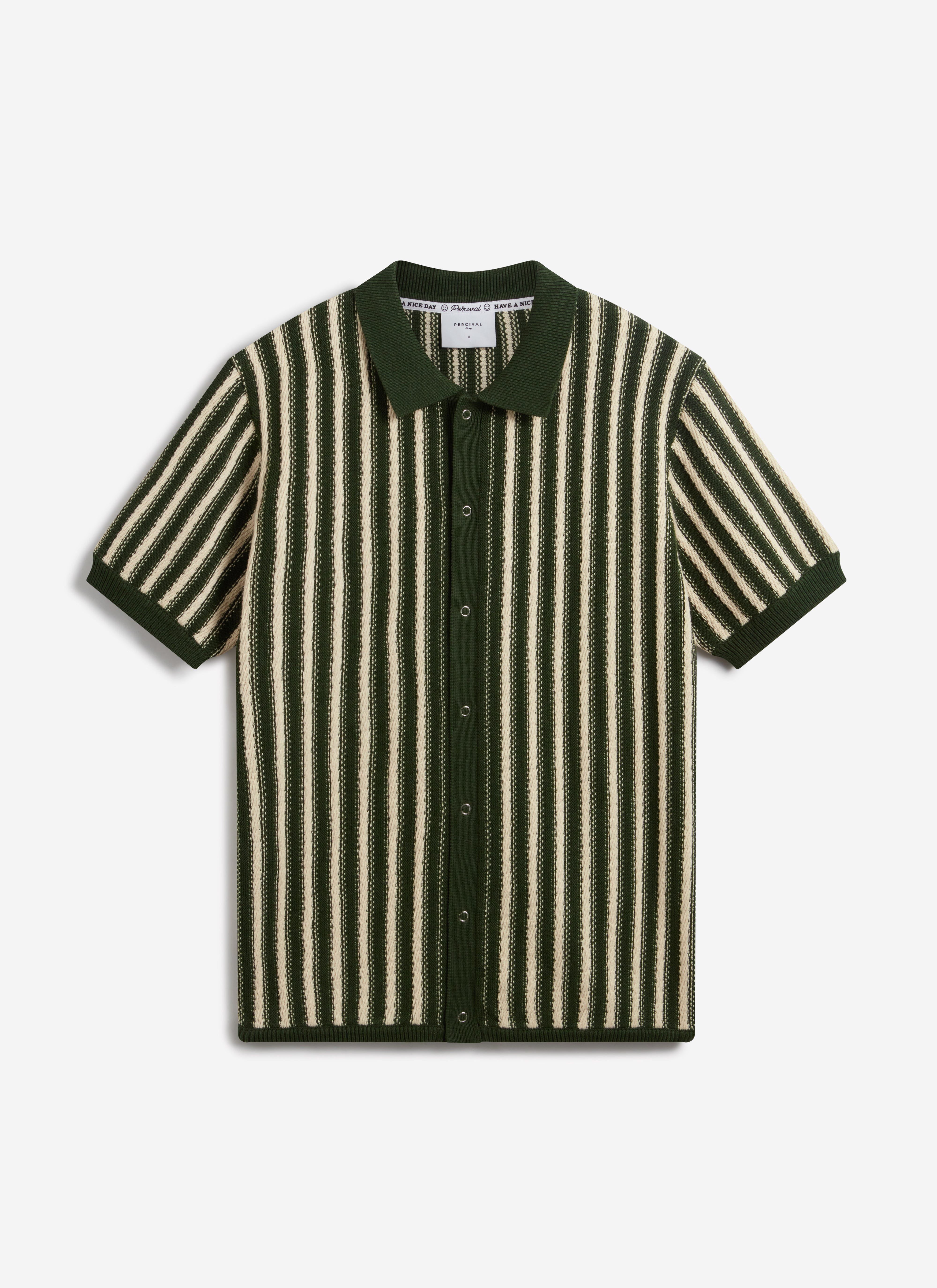 The Percival Collins micro cable knitted shirt in forest green and cream stripes, shot flat on a white background.