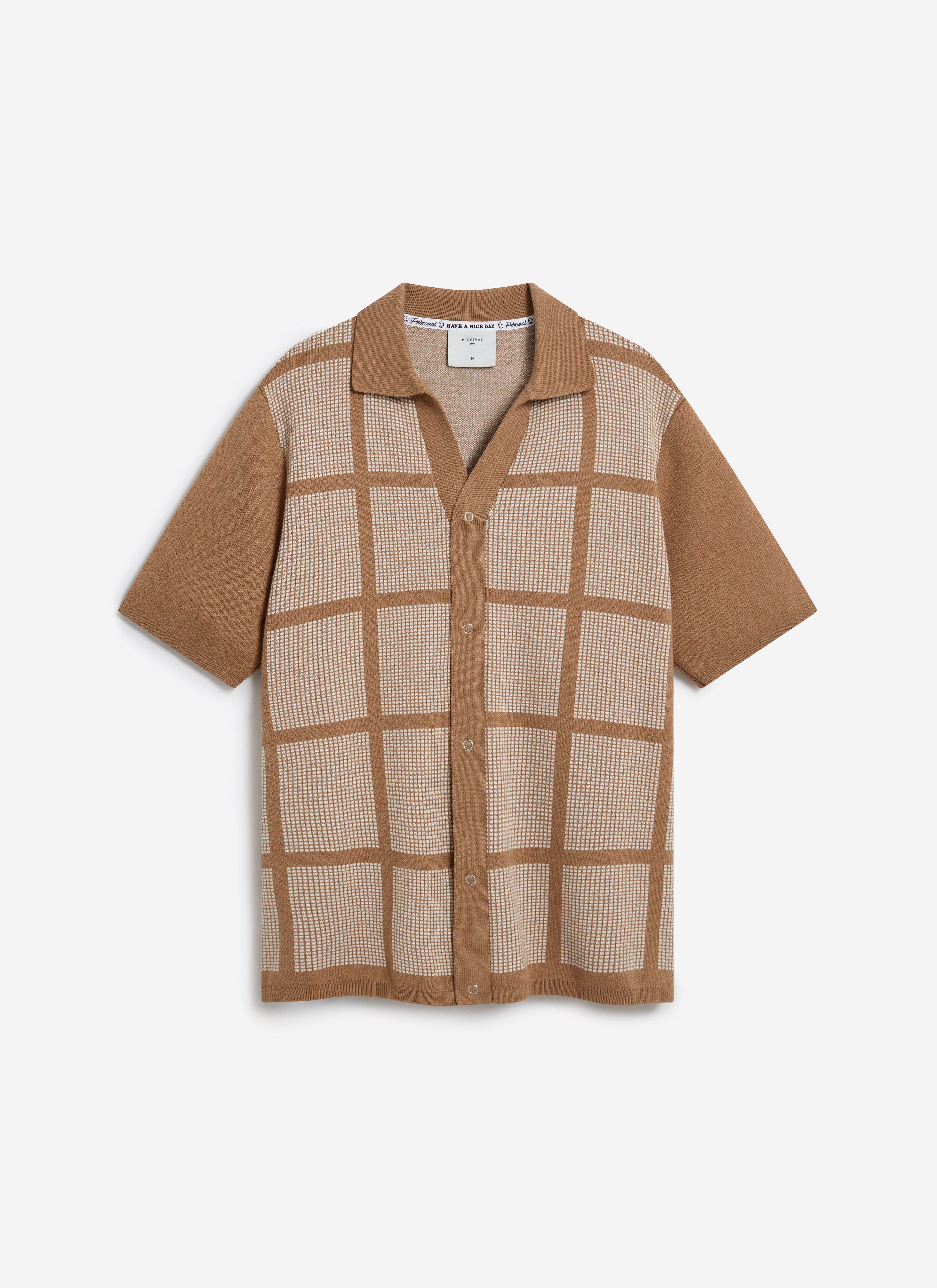 The Percival Costa Knitted Shirt in tobacco, featuring a retro square design, laid flat against a neutral background.