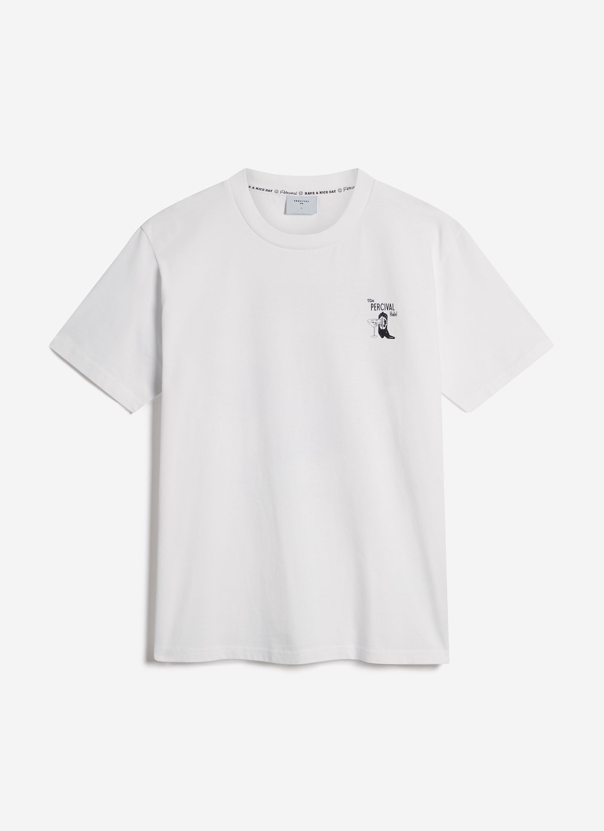 The white Percival Cowboy Boot T-Shirt in organic cotton, featuring a small black chest graphic, shown flat.