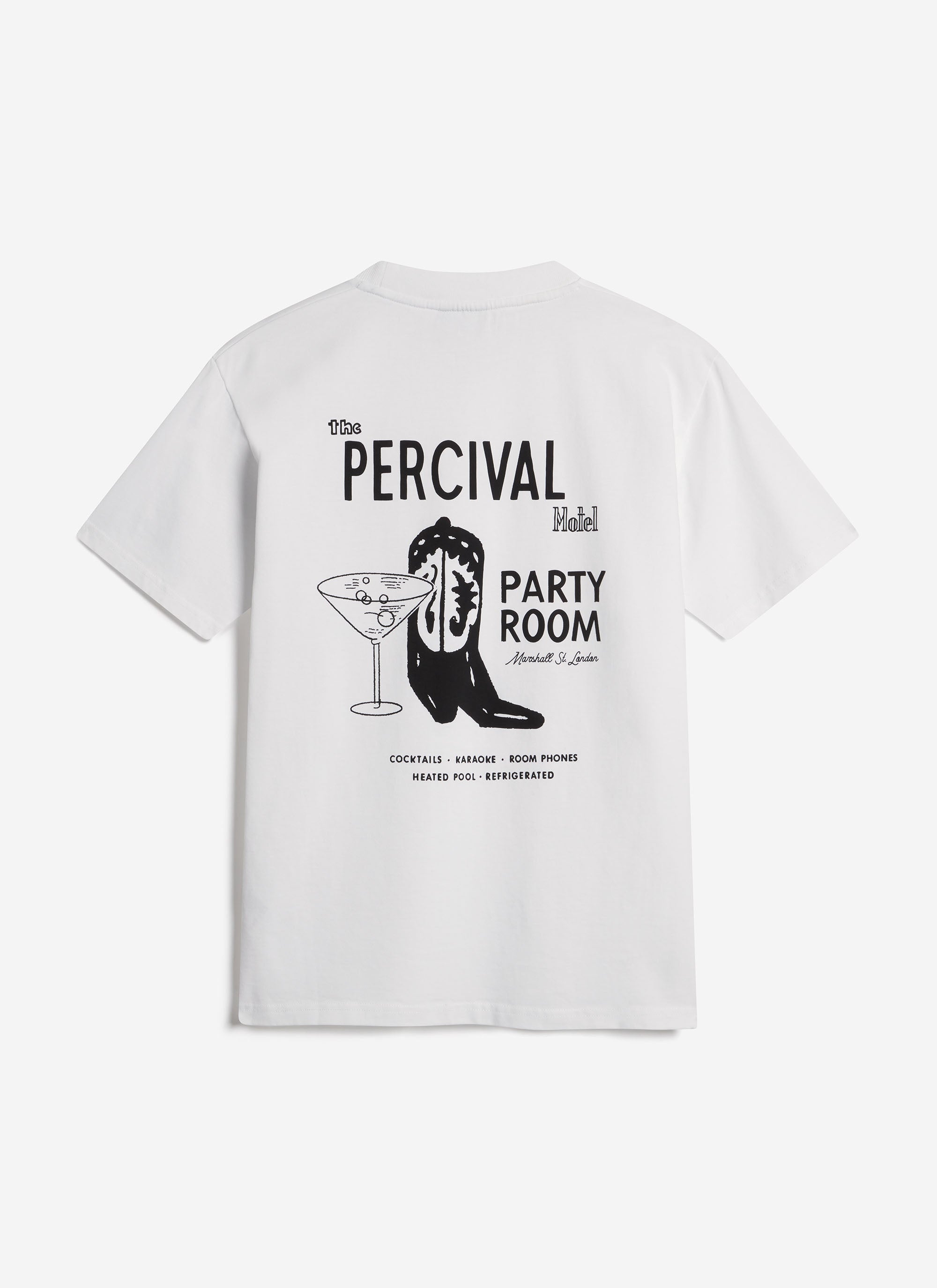 White organic cotton Percival t-shirt featuring a black hand-drawn cowboy boot and Motel Party Room back graphic.