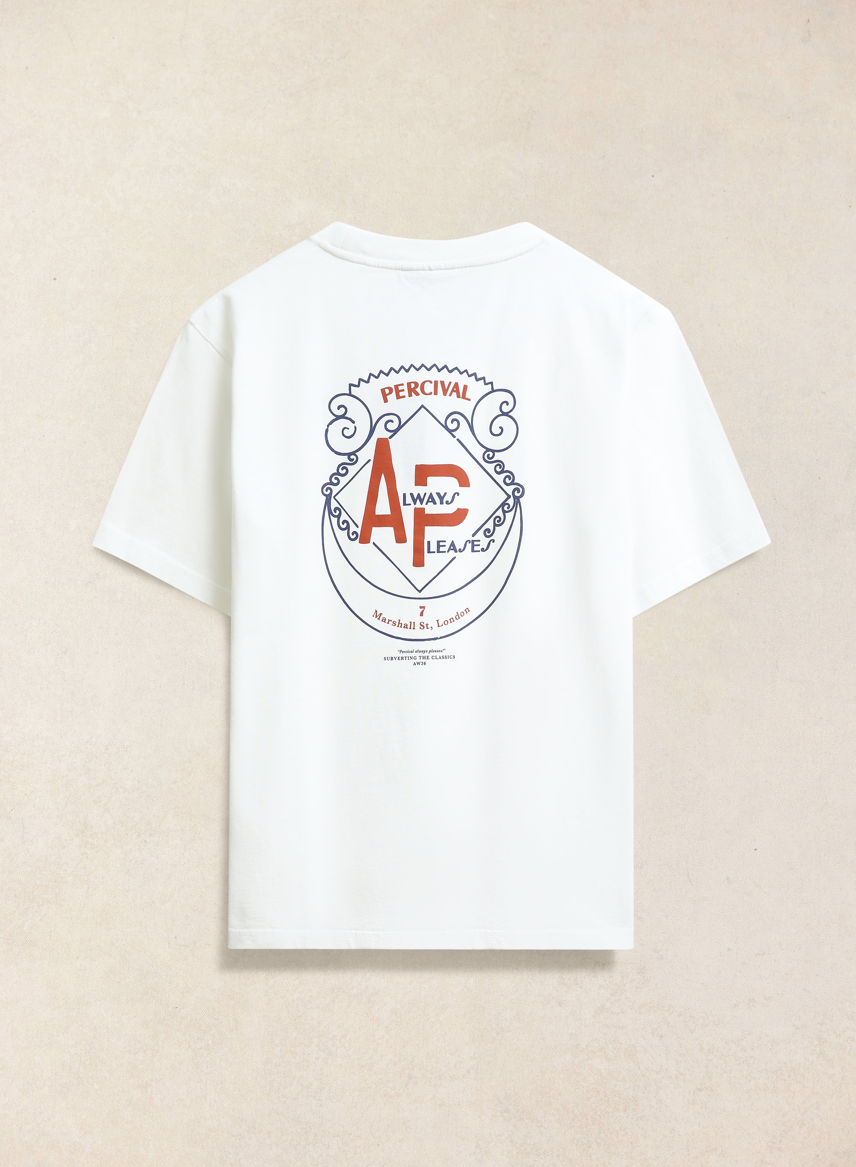 The back of the white organic cotton Cyril T-shirt from Percival, featuring a large graphic print with brand details.
