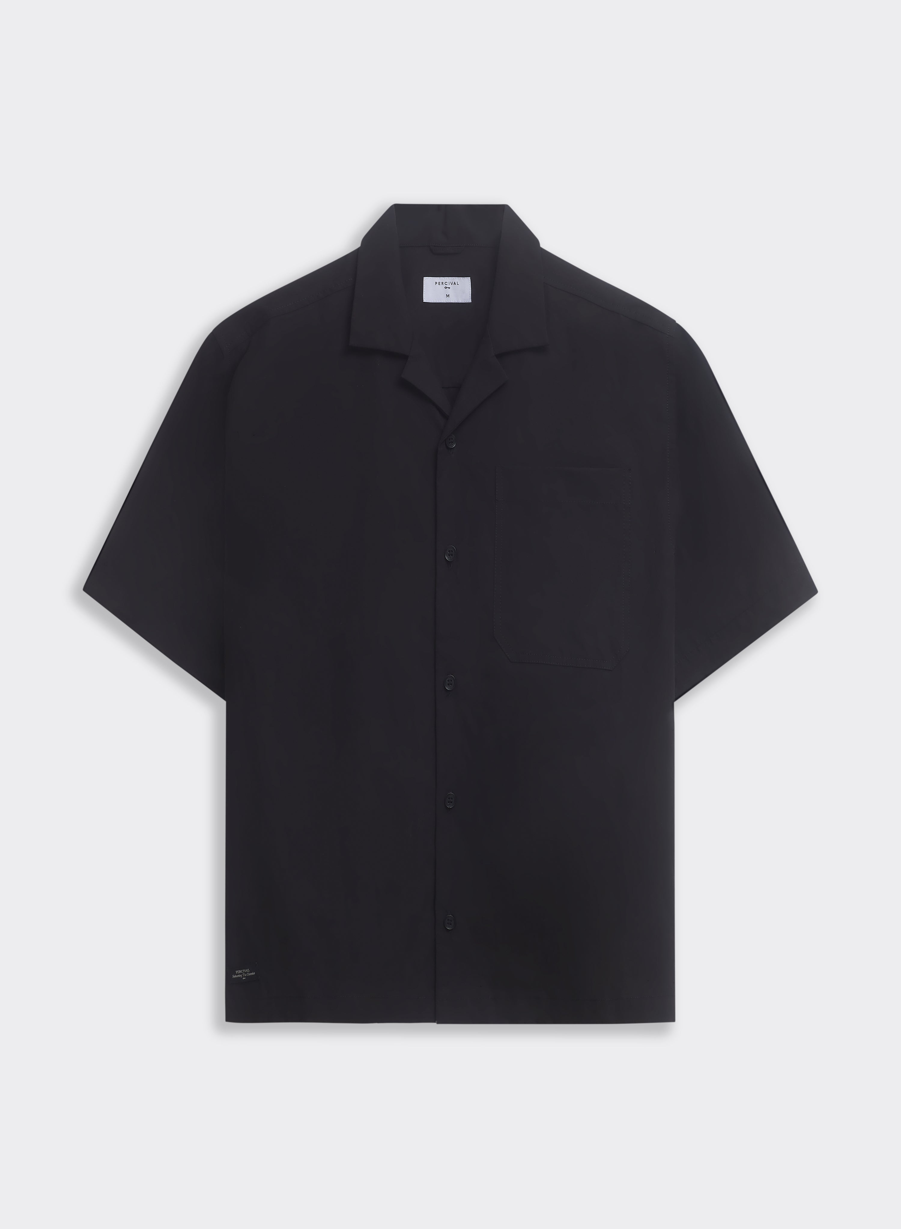 The black Percival Daniel Boxy Cuban Shirt in 100% cotton with a Cuban collar, shown flat on a grey background.
