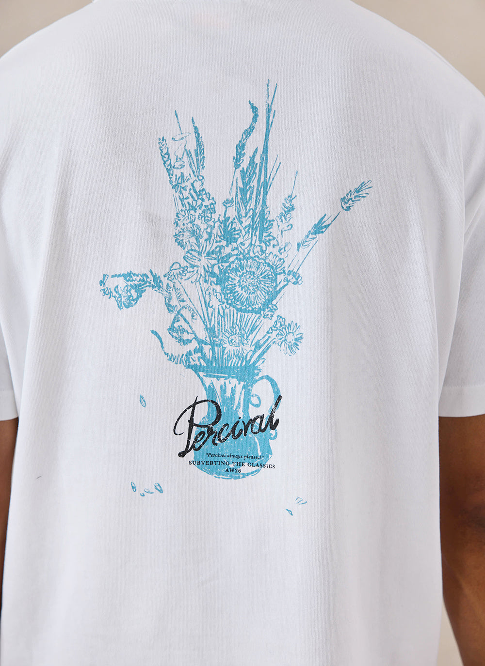 White Percival organic cotton t-shirt, featuring a blue floral vase graphic on the back.
