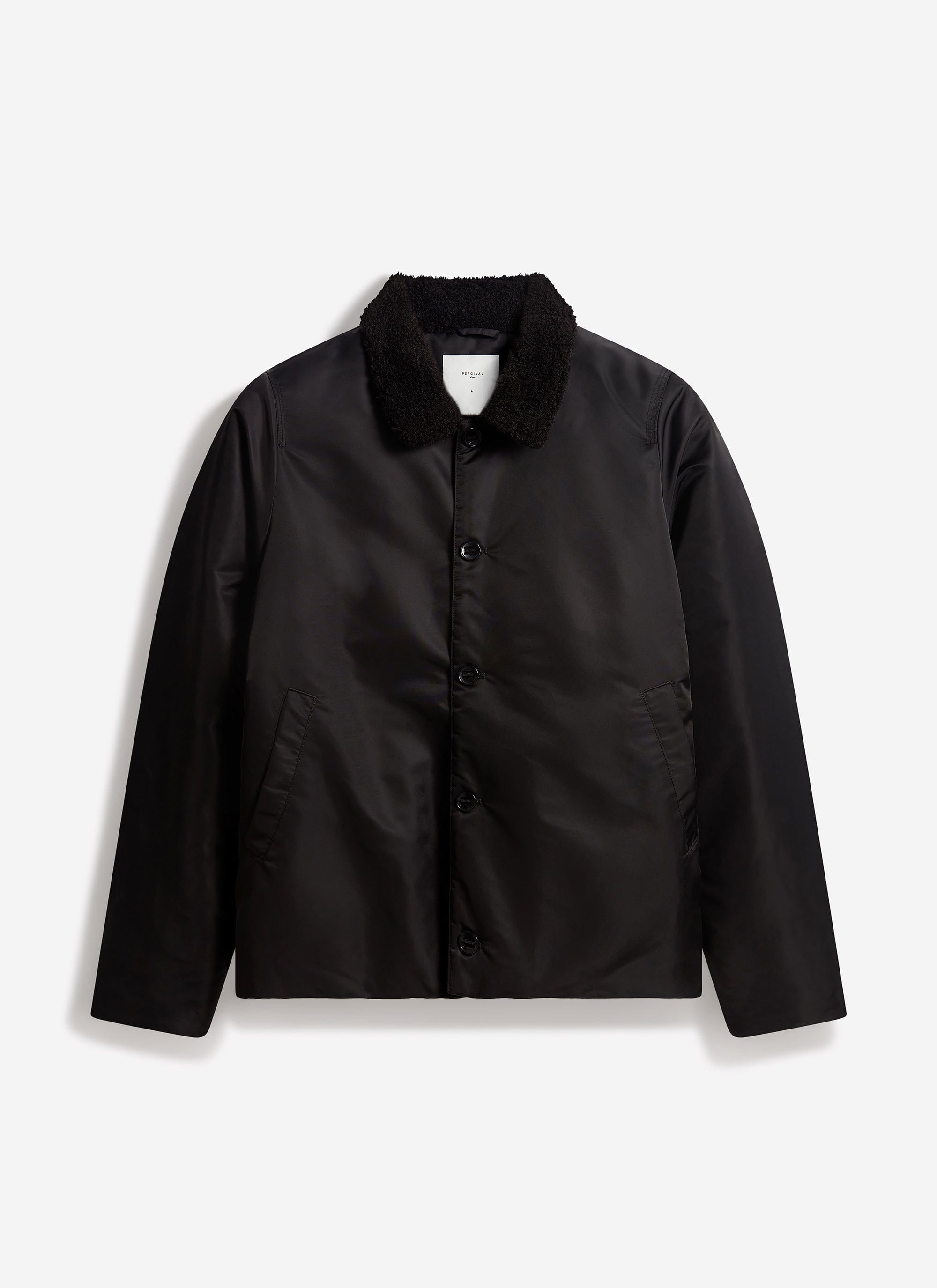 The Percival Doppio Bomber Jacket in black nylon, with a faux shearling collar, shot flat against a white background.