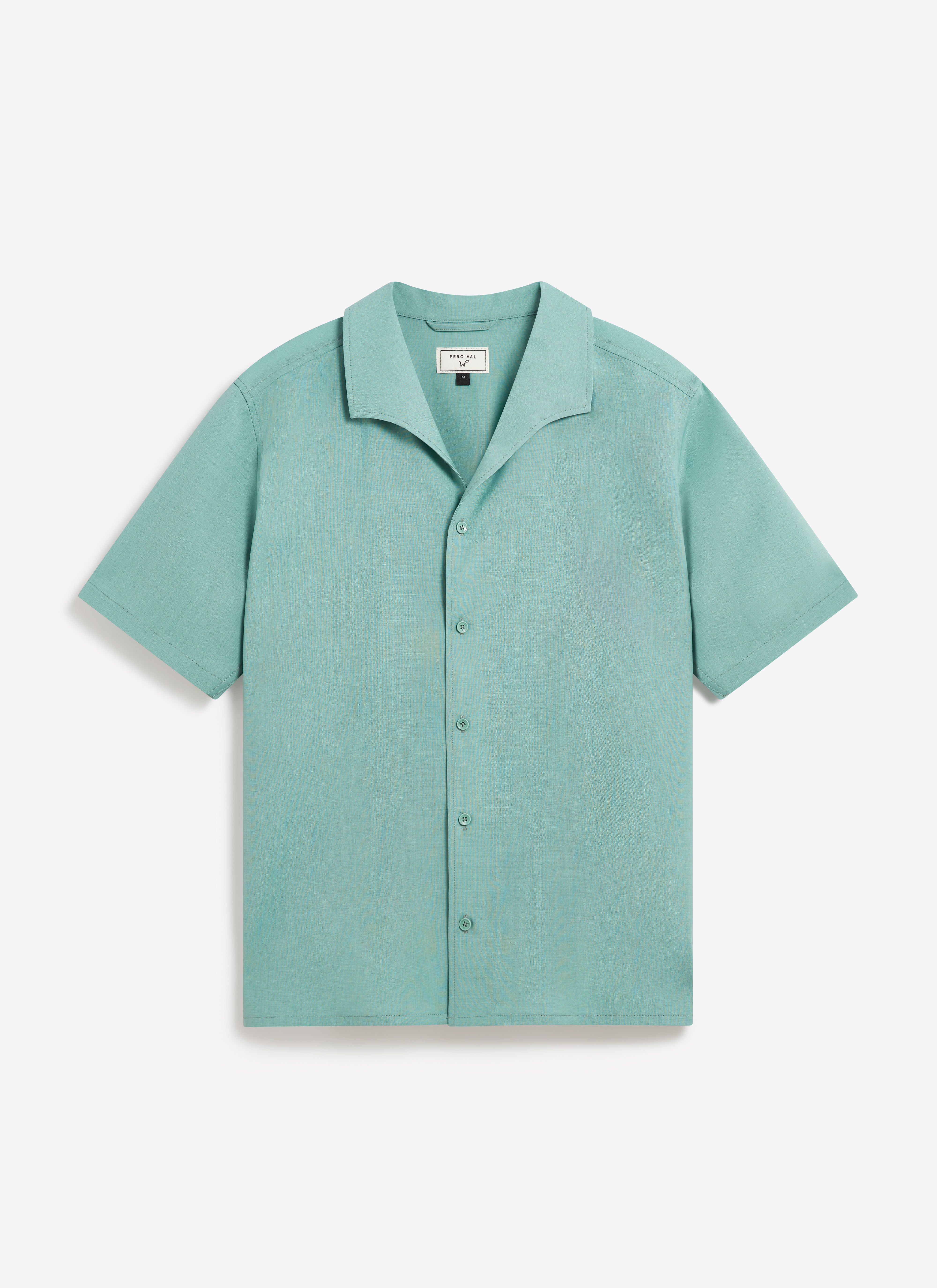 The Percival x Warren Drape Cuban Shirt in mint green, photographed flat against a clean, white background.