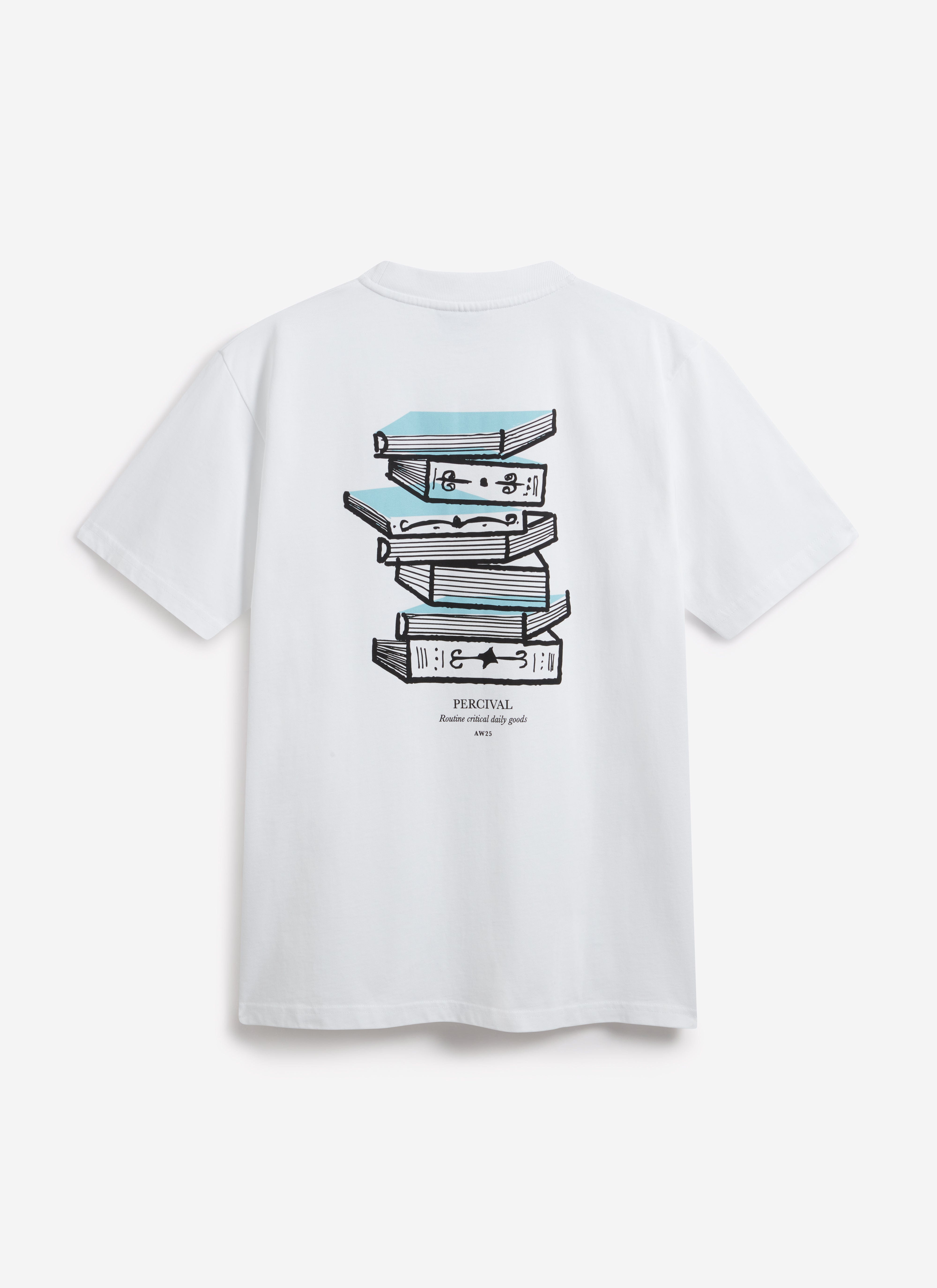 Back view of the Percival Duke T-shirt in white, featuring the 'Routine critical daily goods' book graphic.