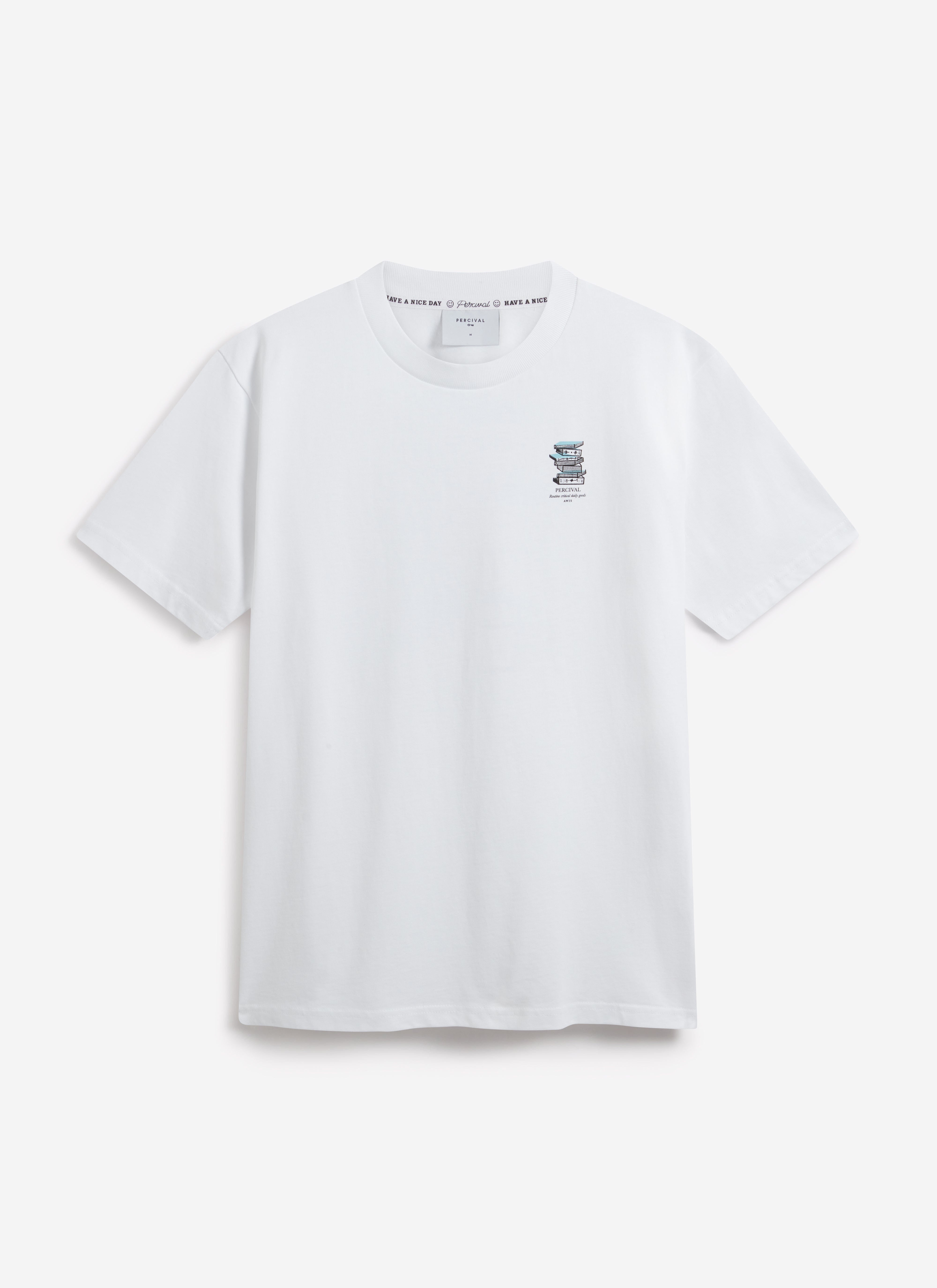 The Percival Duke T-shirt in white organic cotton, laid flat to show the 'Routine Critical Daily Goods' print on the chest.