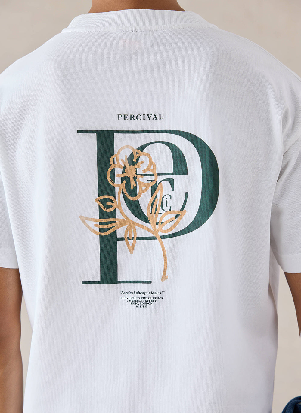 White organic cotton Percival Earl oversized T-shirt, featuring a large floral and logo graphic on the back.