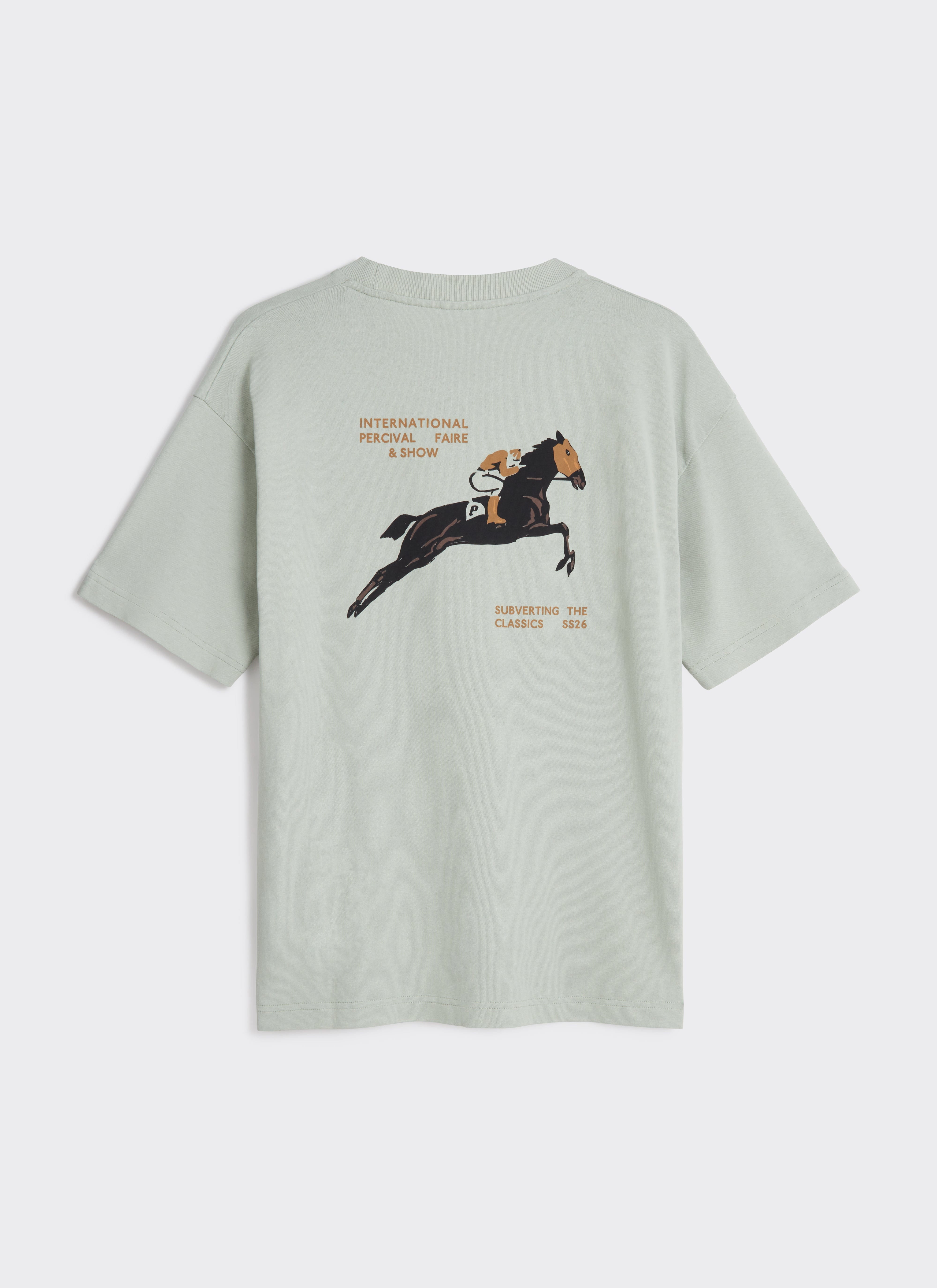 The back of the sage Percival Fair and Show Oversized T-shirt, featuring the horse and jockey graphic artwork.