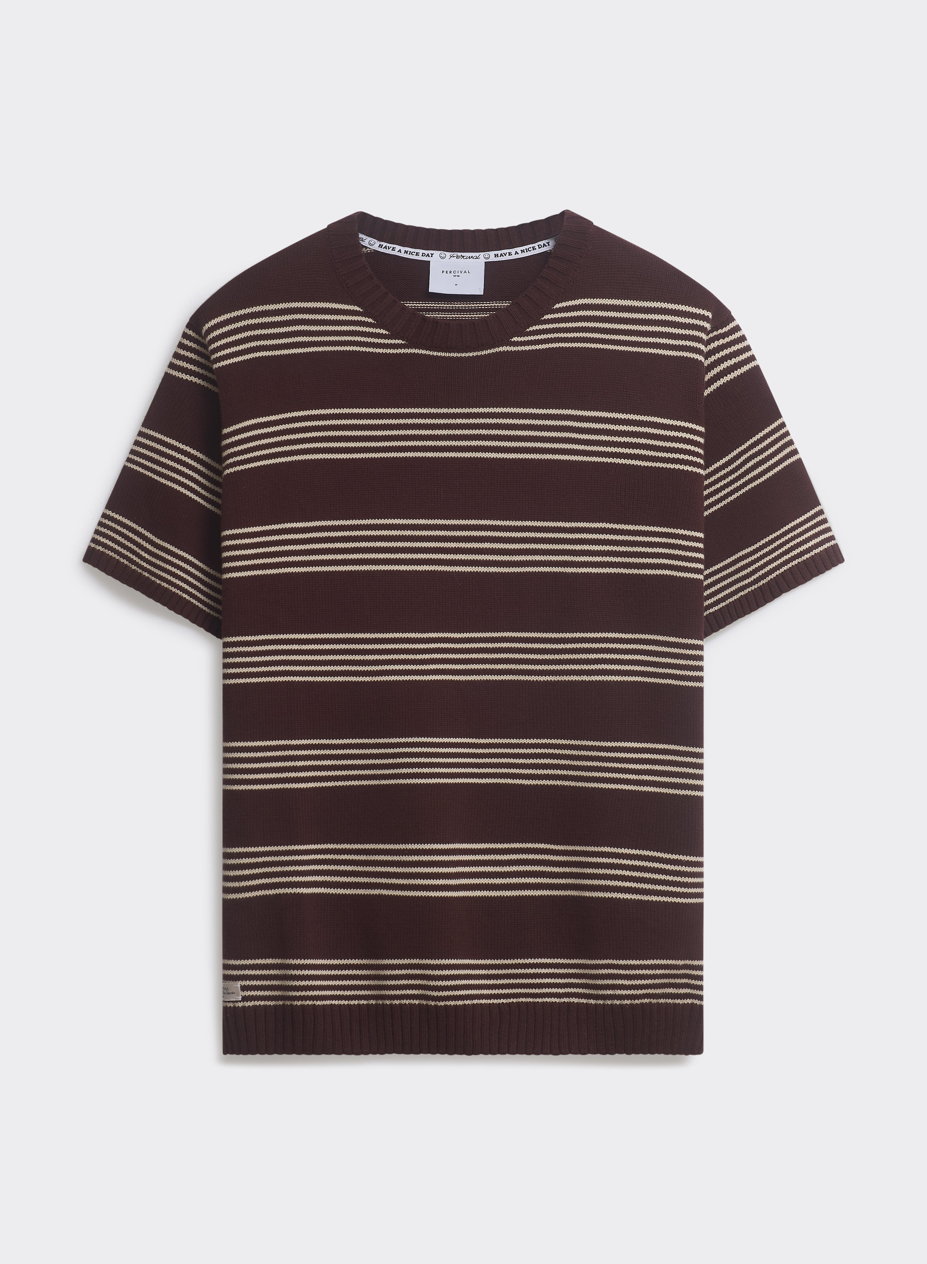 Percival Fiction espresso brown knitted t-shirt with ecru stripes and ribbed trims, shown flat on a white background.