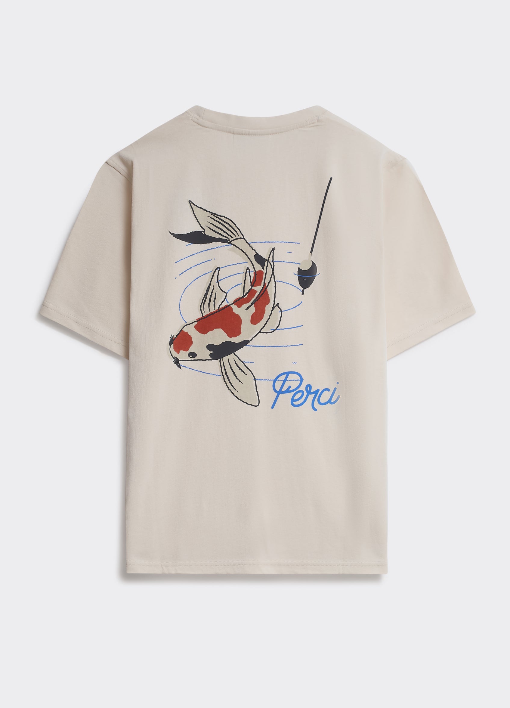 The back of the Percival Fishing T-shirt in off-white cotton jersey, featuring a large koi graphic and Perci script.