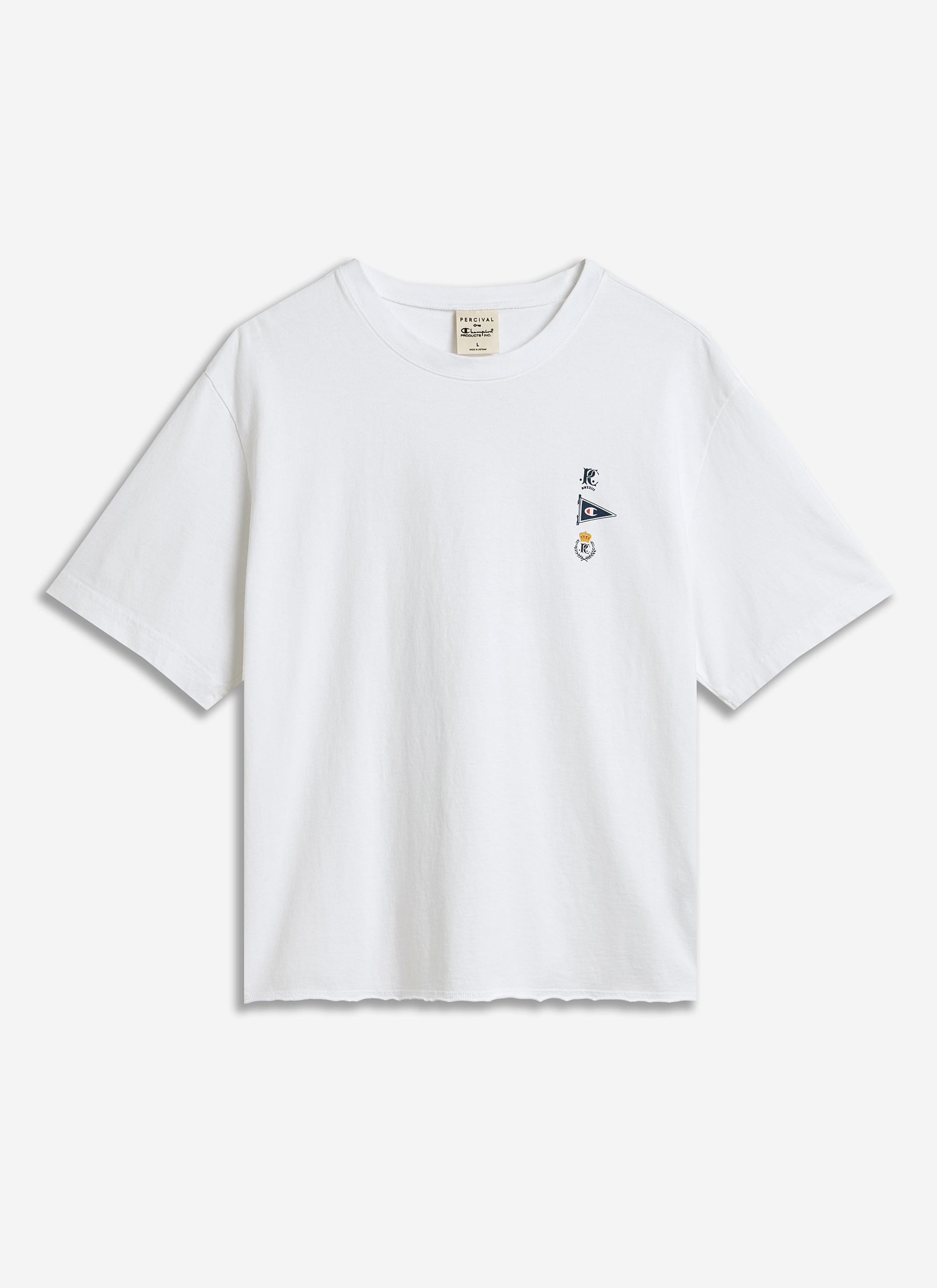 The Champion x Percival Flag Raw Hem T-shirt in white, laid flat to showcase the chest graphics and raw hem for Percival.