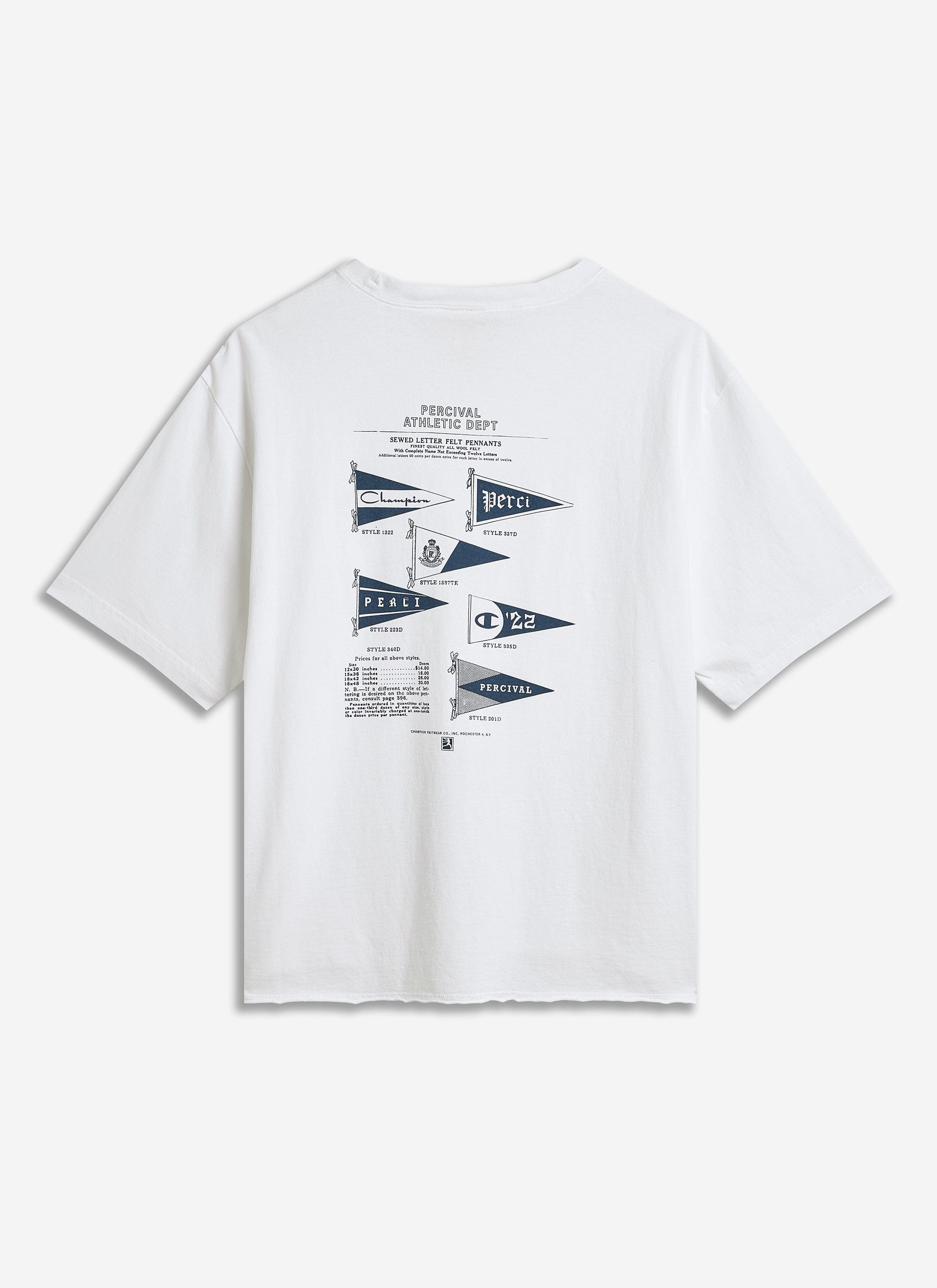 The back of the white Champion x Percival raw hem t-shirt, showing the felt pennant graphic inspired by Champion archives.