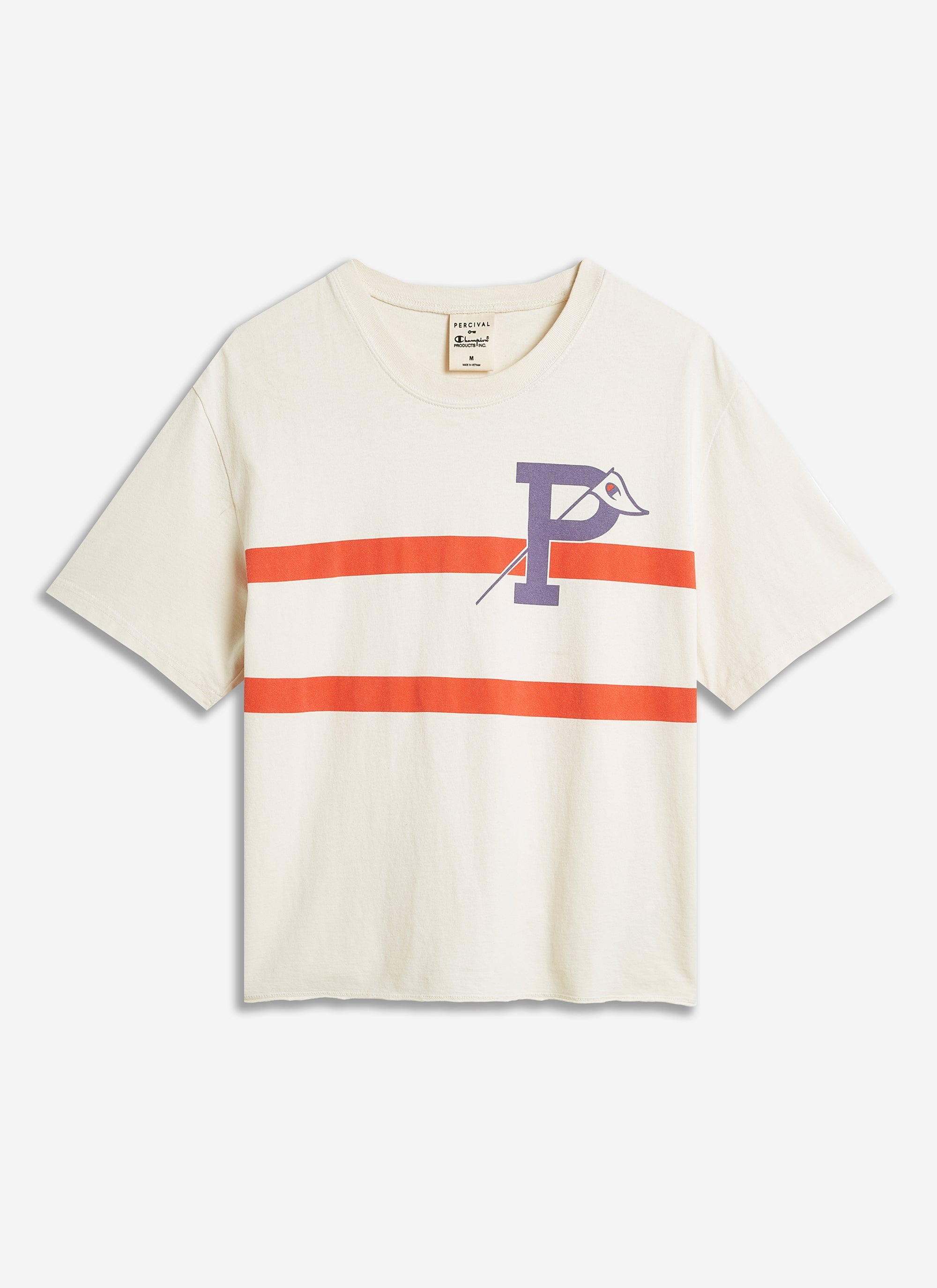 The Champion x Percival Flag Stripe Raw Hem T-shirt in ecru, shot flat, showing the orange stripes and purple P-flag logo.