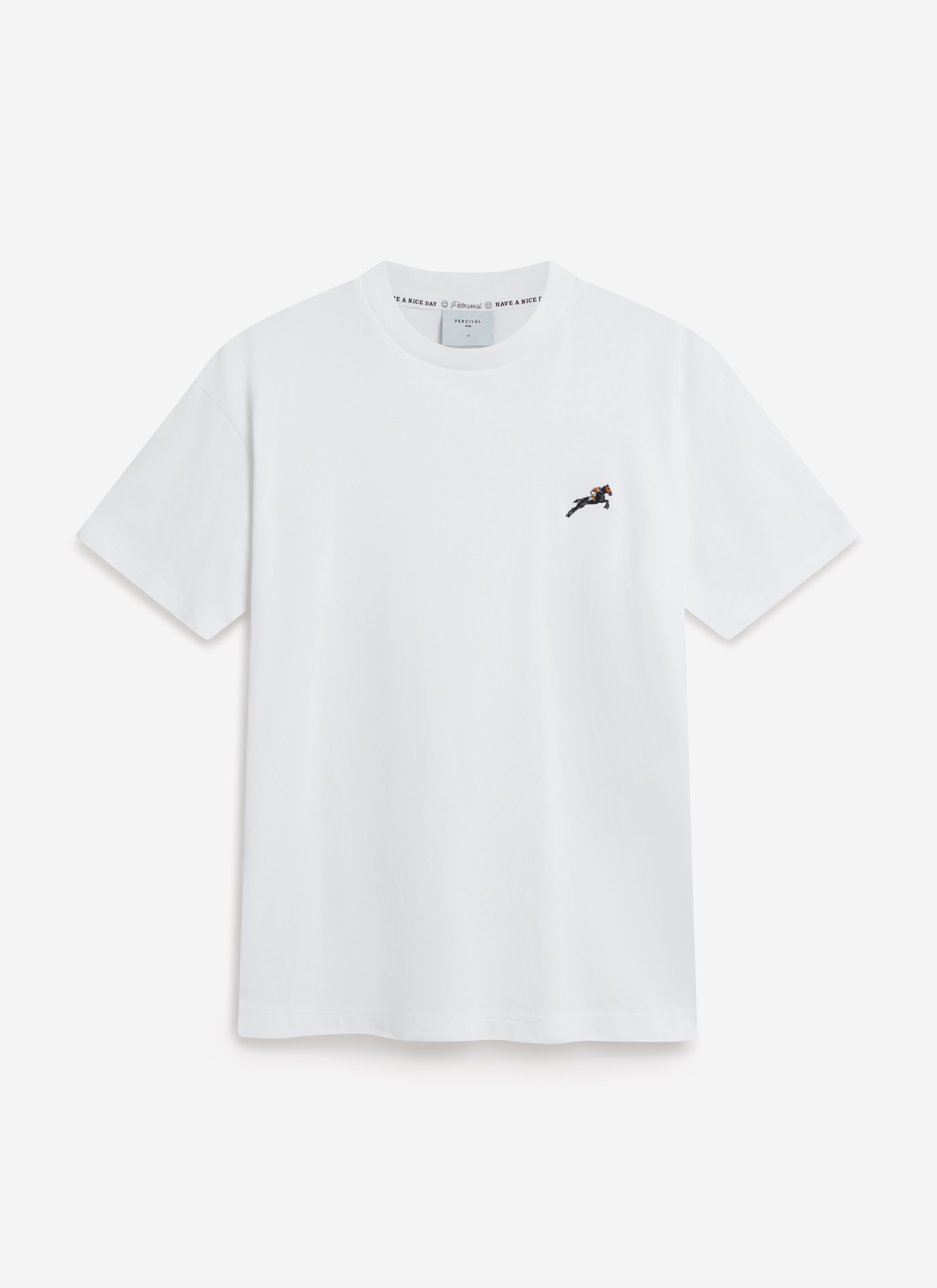 A flat lay of the Percival Galloping Horse Embroidered T-shirt in white, showing the detailed embroidery on the chest.